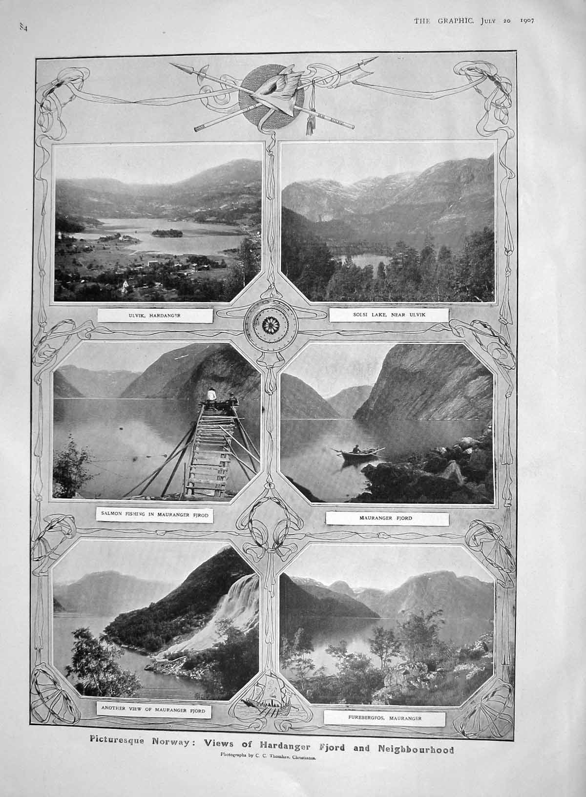 Original Old Antique Print 1907 Norway Hardanger Fjord Aakrf Eidfjord Bergen
