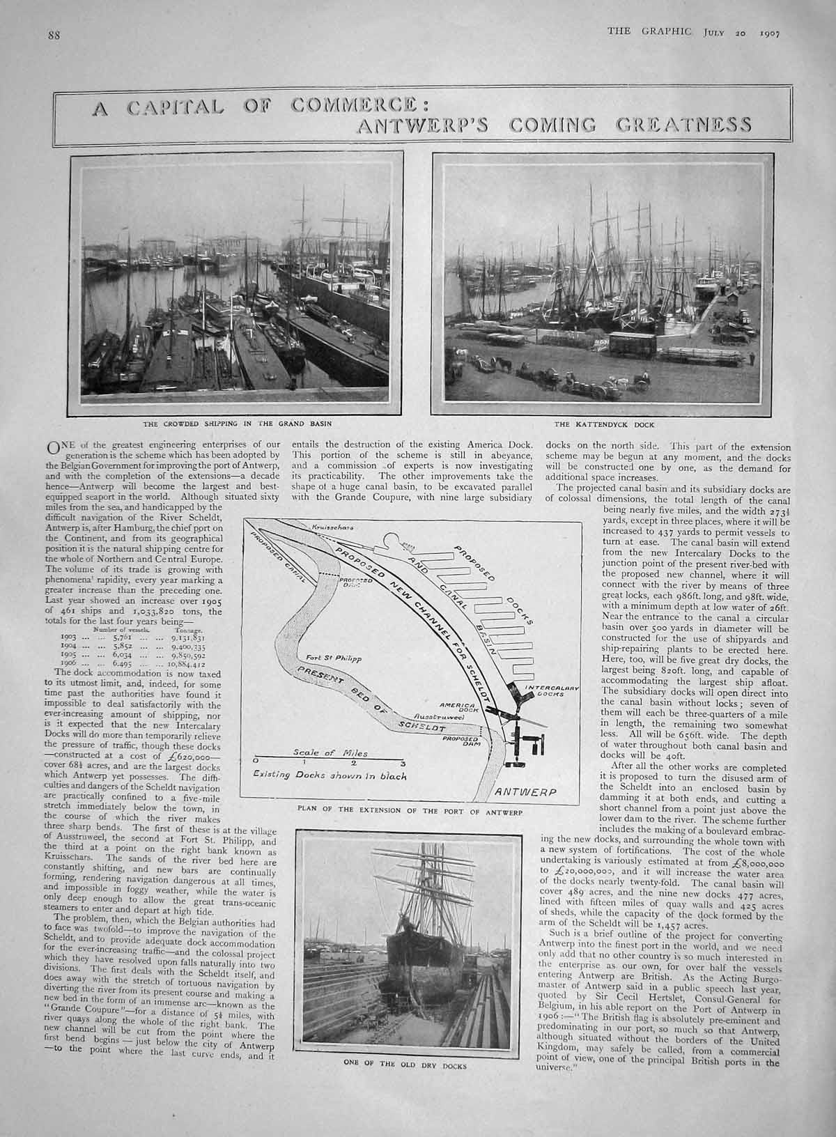 Original Old Antique Print 1907 Antwerp Kattendyck Dock Ships Lyttelton Balfour