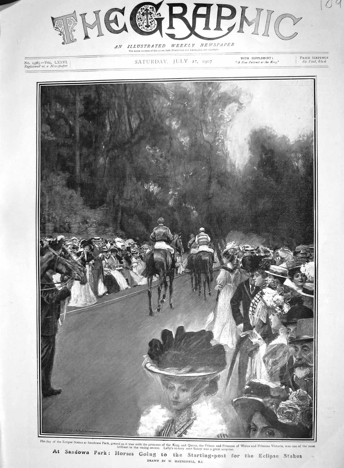 Old Antique Print 1907 Sandown Park Horses Racing Eclipse Stakes Prince 20th