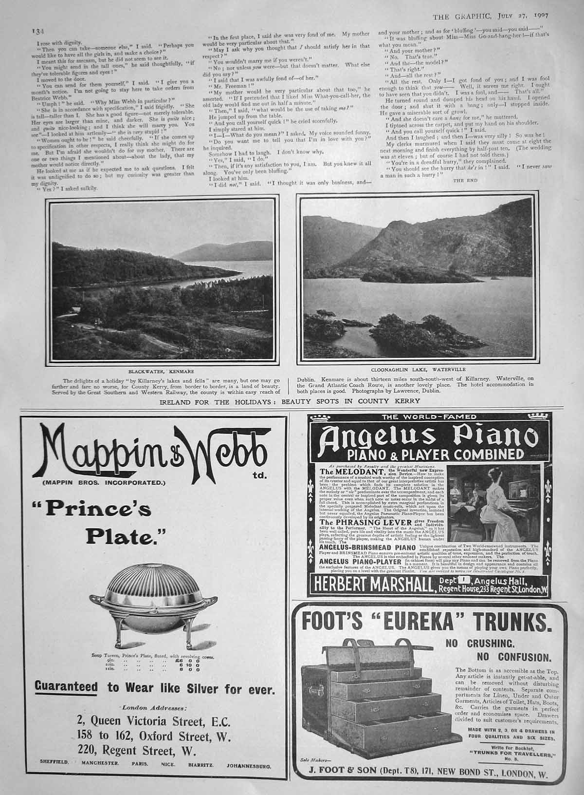 Old Antique Print 1907 Ireland Blackwater Kenmare Cloonaghlin Waterville 20th