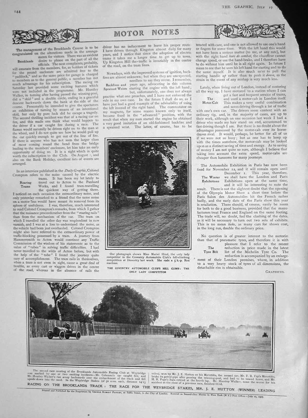 Original Old Antique Print 1907 Motor Car Race Brooklands Hutton Muriel Hind