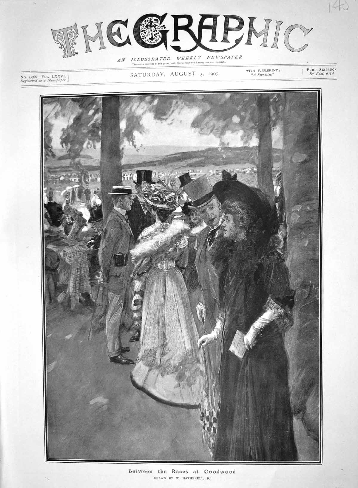Old Antique Print 1907 Goodwood Horse Races Sport Spectators Heatherell 20th