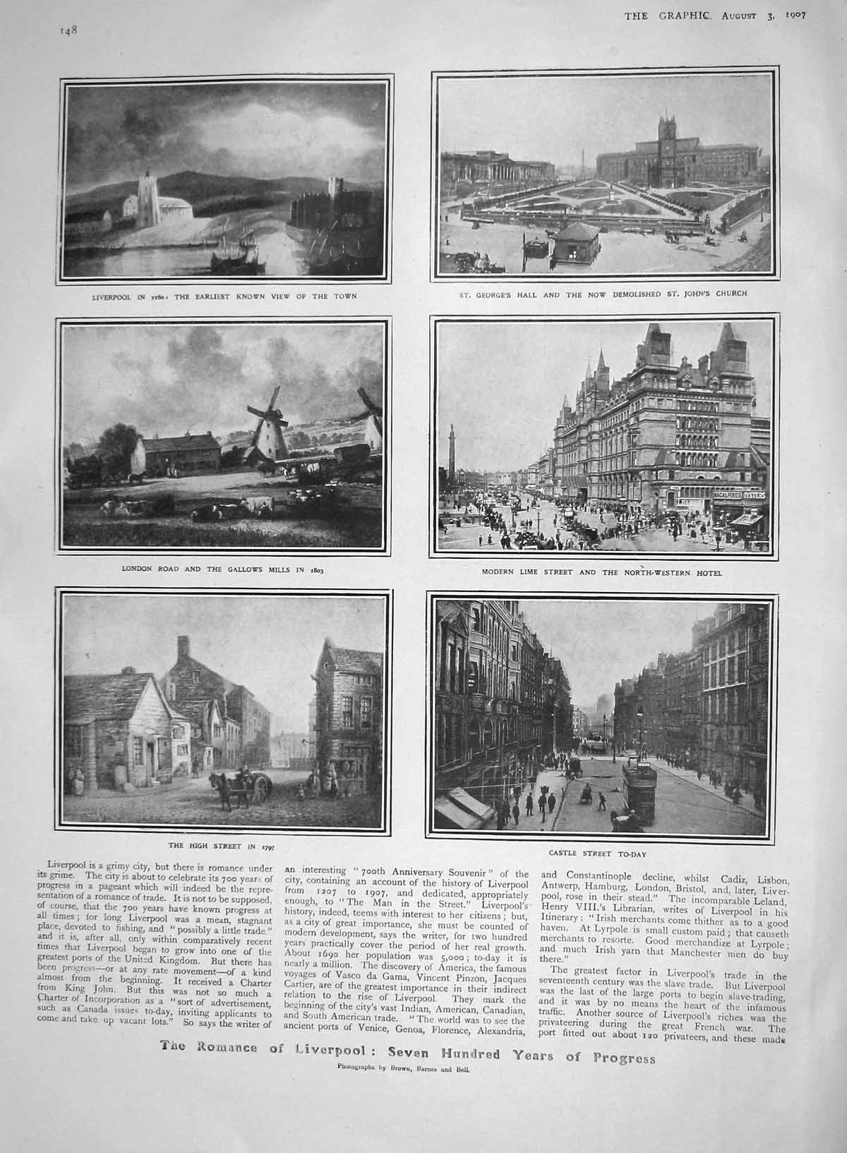 Old Antique Print 1907 Liverpool North-Western Hotel Ranelagh Church Mill 20th
