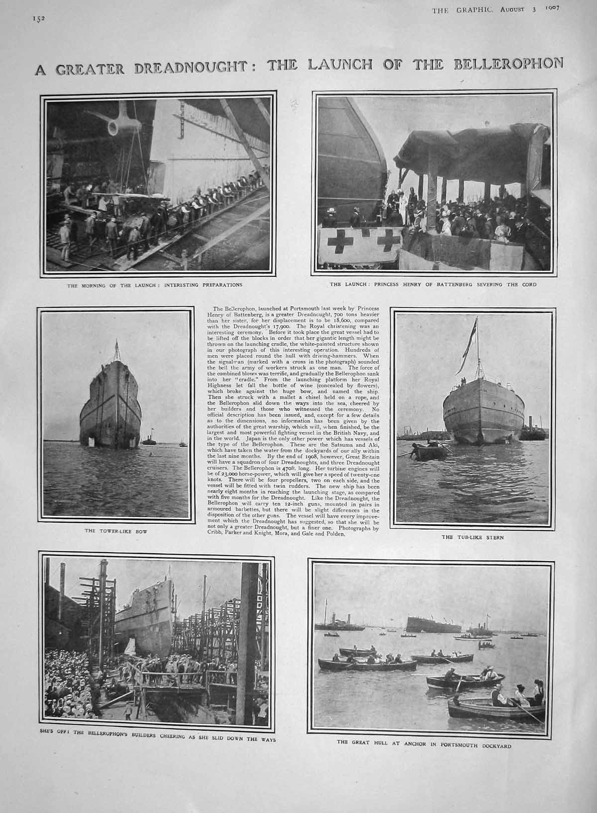 Original Old Antique Print 1907 Bellerophon Ship Portsmouth March Gordon Loch