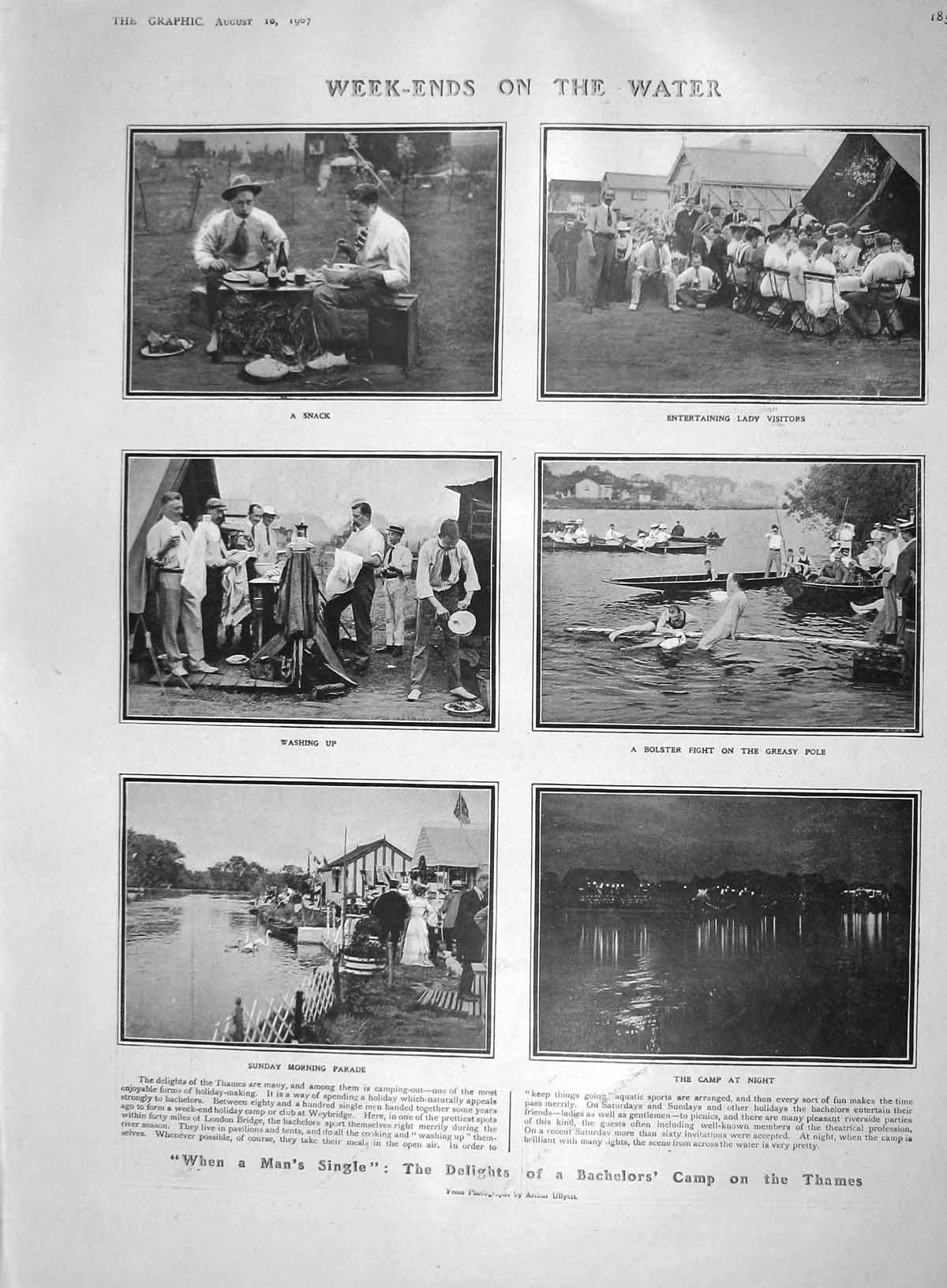 Old Antique Print 1907 Bachelors Camp River Thames Morocco Wilhelmshoehe 20th
