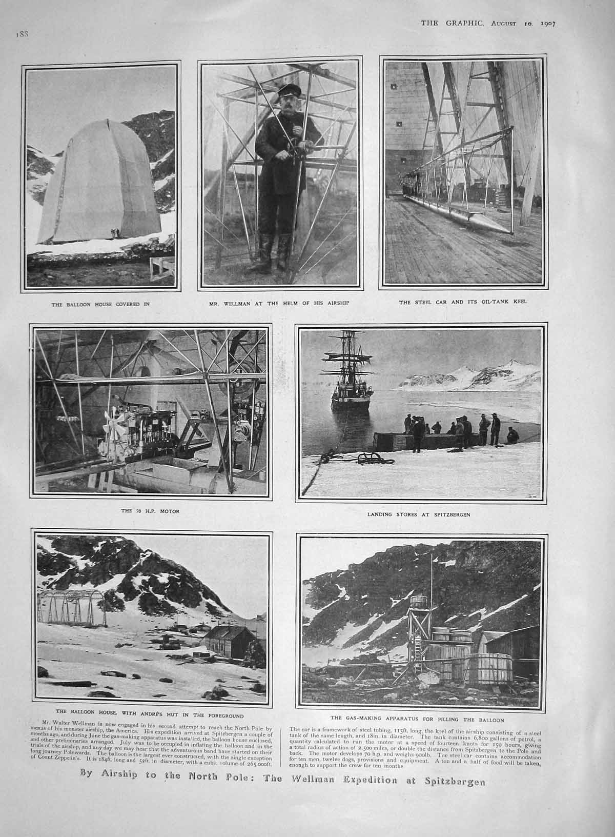 Old Antique Print 1907 Airship North Pole Spitzbergen Wellman Mint Africa 20th