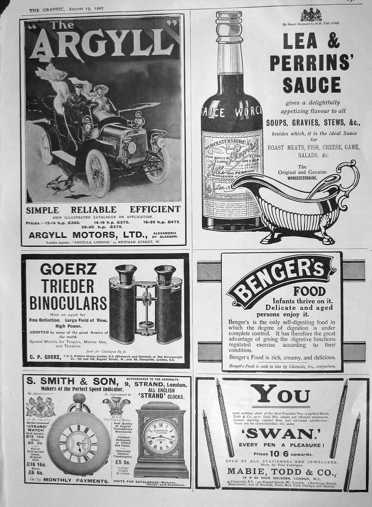 Old Antique Print 1907 Advertisement Argyll Car Perrins Bengers Swan Pen 20th