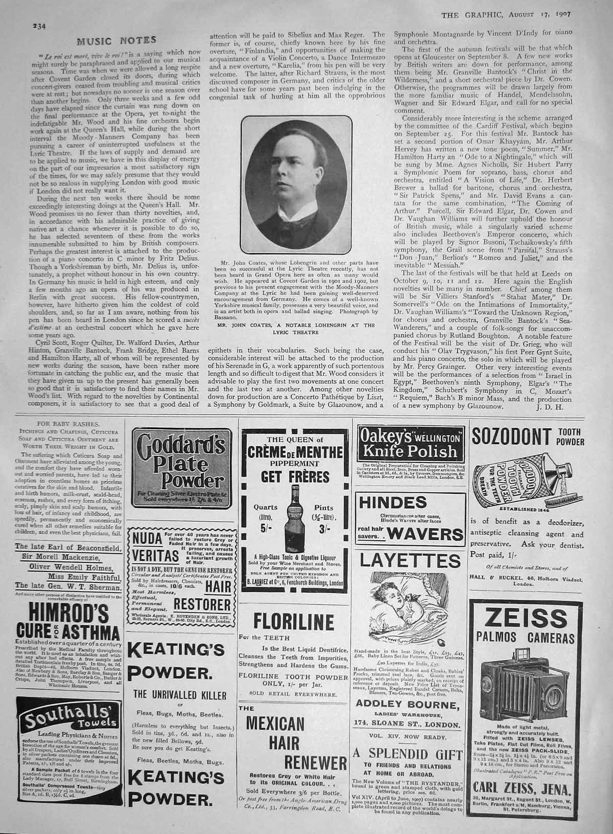 Old Antique Print 1907 John Coates Lohengrin Lyric Theatre Camera Zeiss 20th