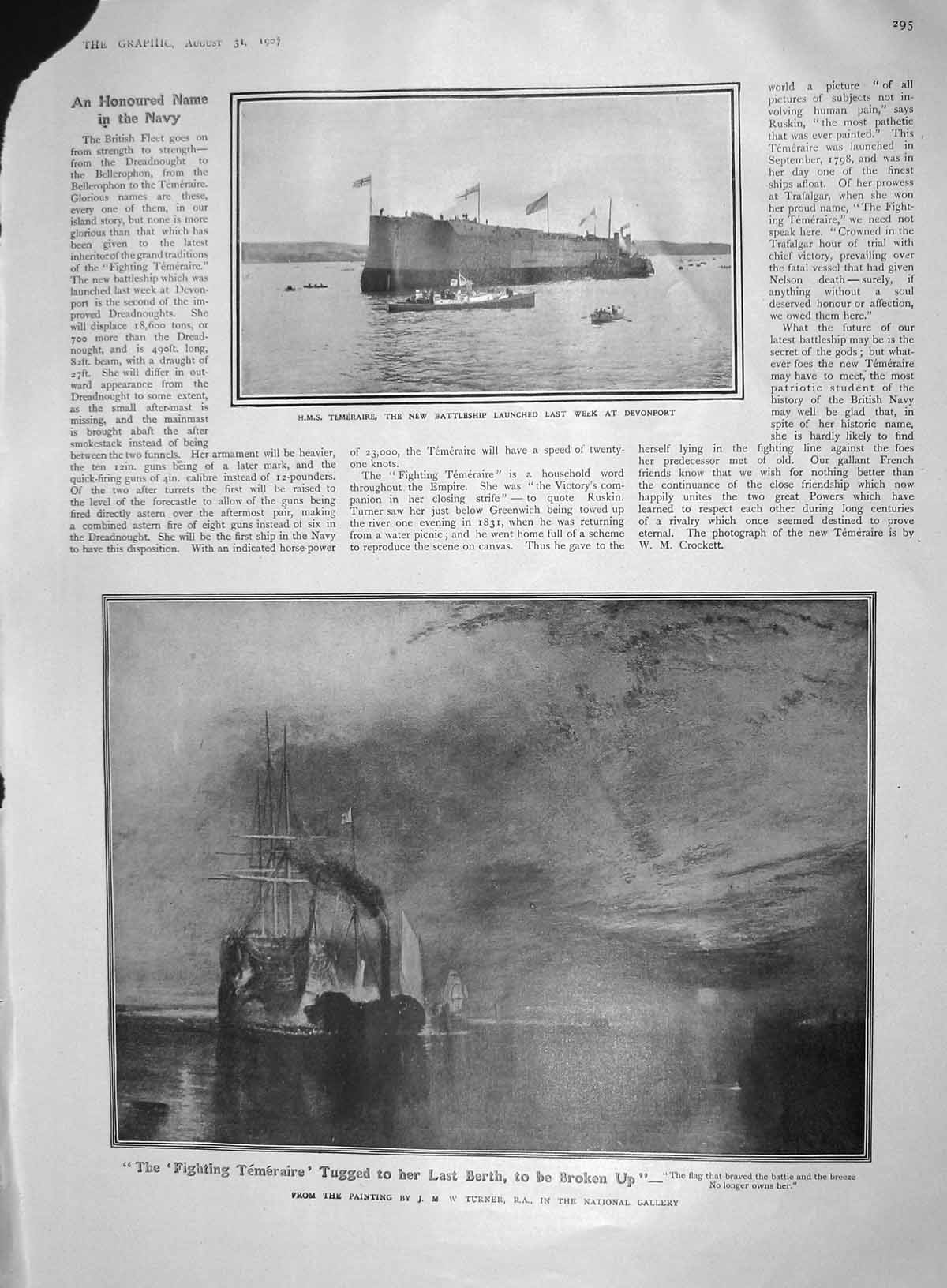 Original Old Antique Print 1907 Ship Temeraire Ship Devonport Napoleon Eugenie