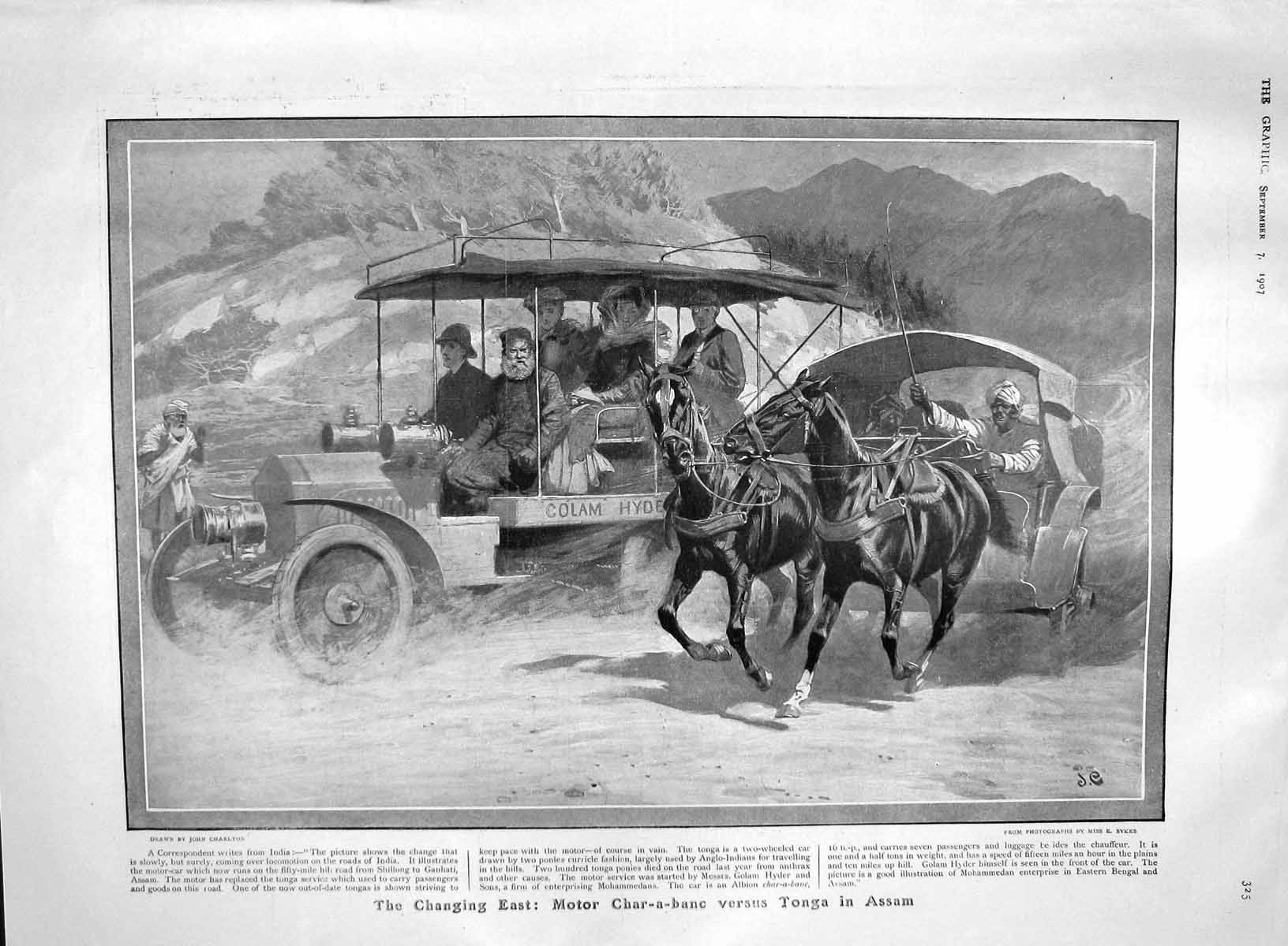 Old Antique Print 1907 Motor Char-A-Banc Tonga Assam Horse Show Submarine 20th