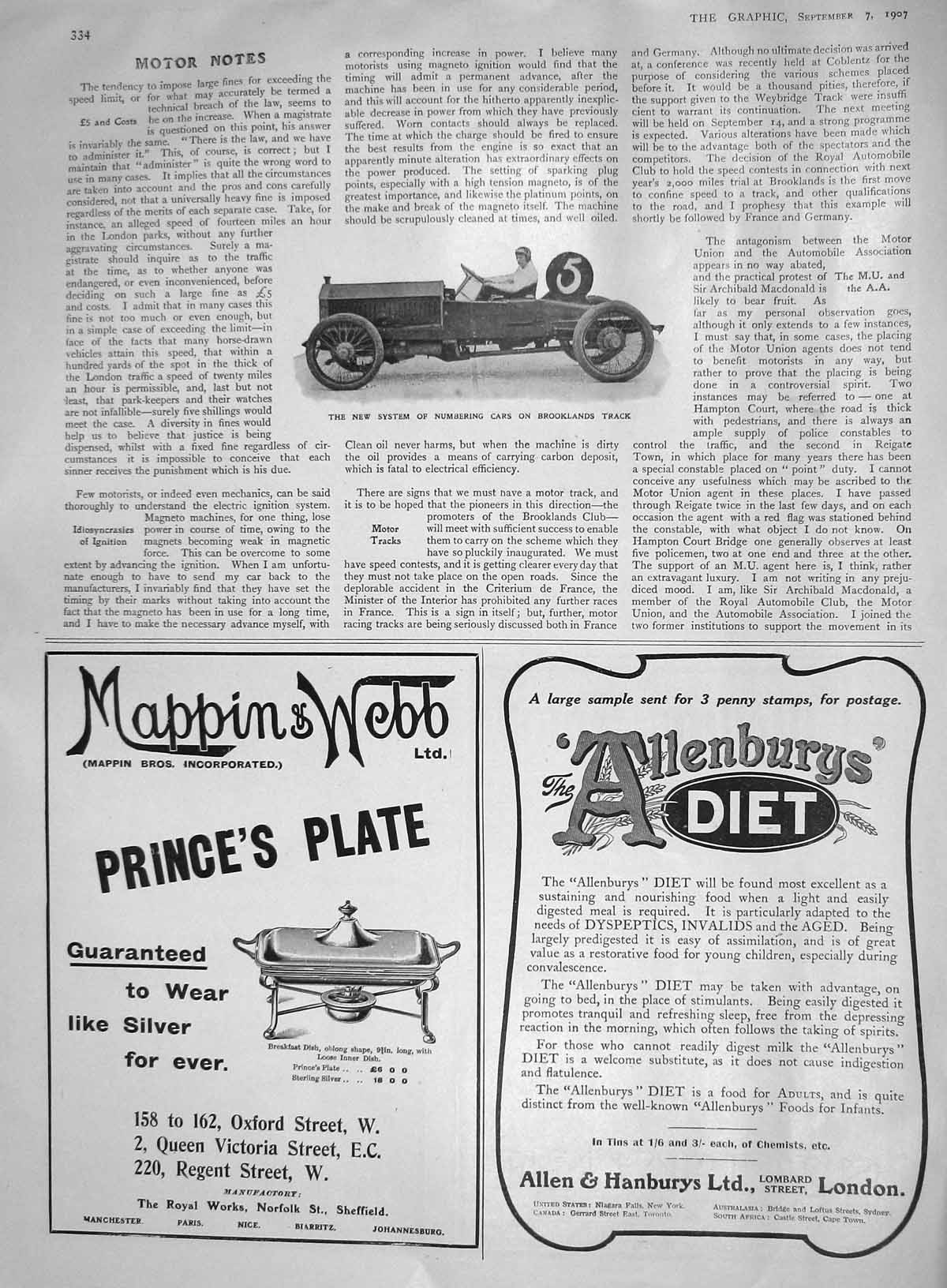Original Old Antique Print 1907 Motor Car Brooklands Ocean Liner Ship Warings