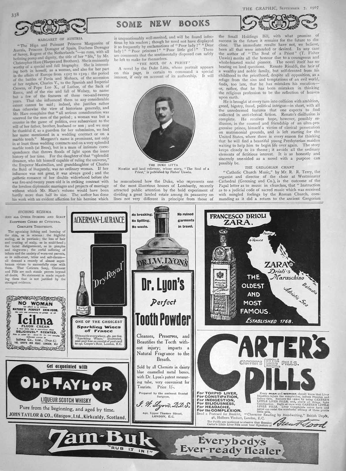 Old Antique Print 1907 Duke Litta Novelist Zam-Buk Carters Pills Icilma 20th