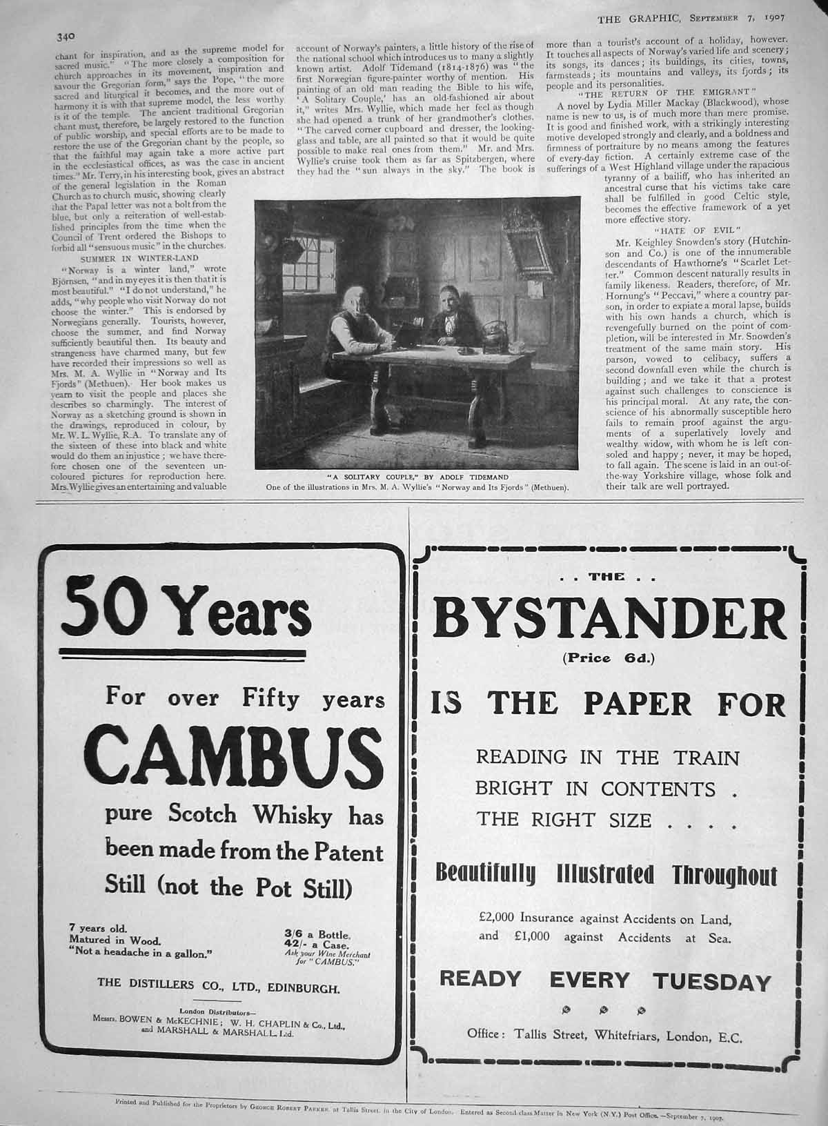 Old Antique Print 1907 Solitary Couple Men Table Cambus Bystander London 20th