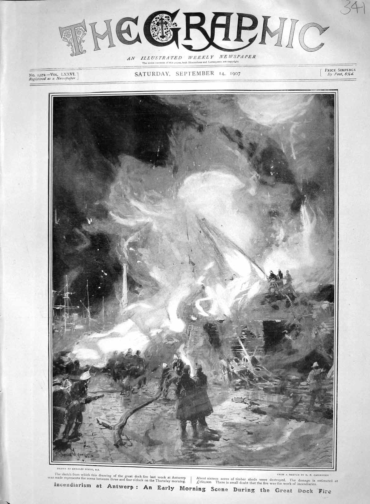 Original Old Antique Print 1907 Germany Antwerp Dock Fire Edward Greig Composer