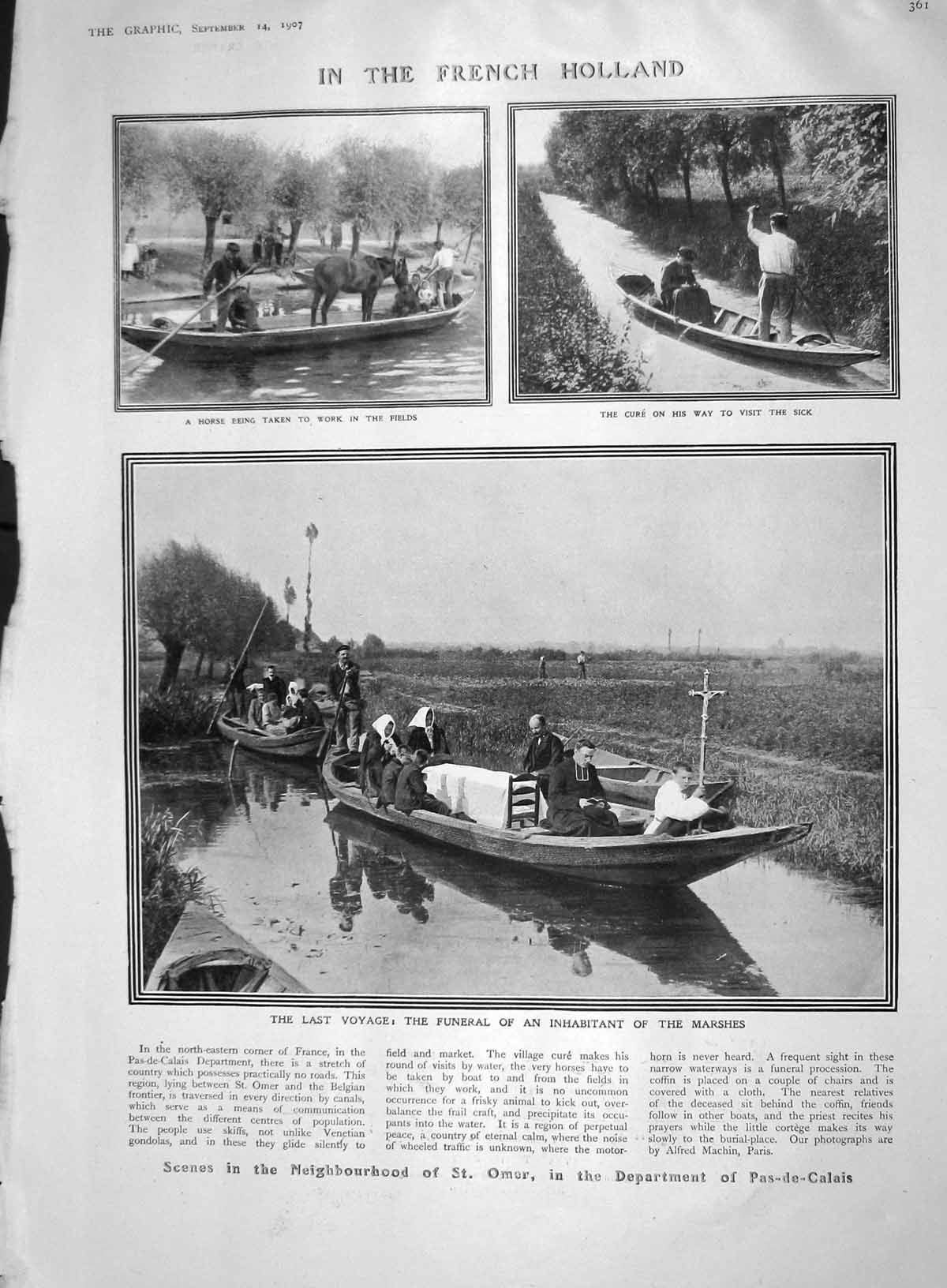Old Antique Print 1907 Omer Pas-De-Calais France Funeral Barclay Castle 20th