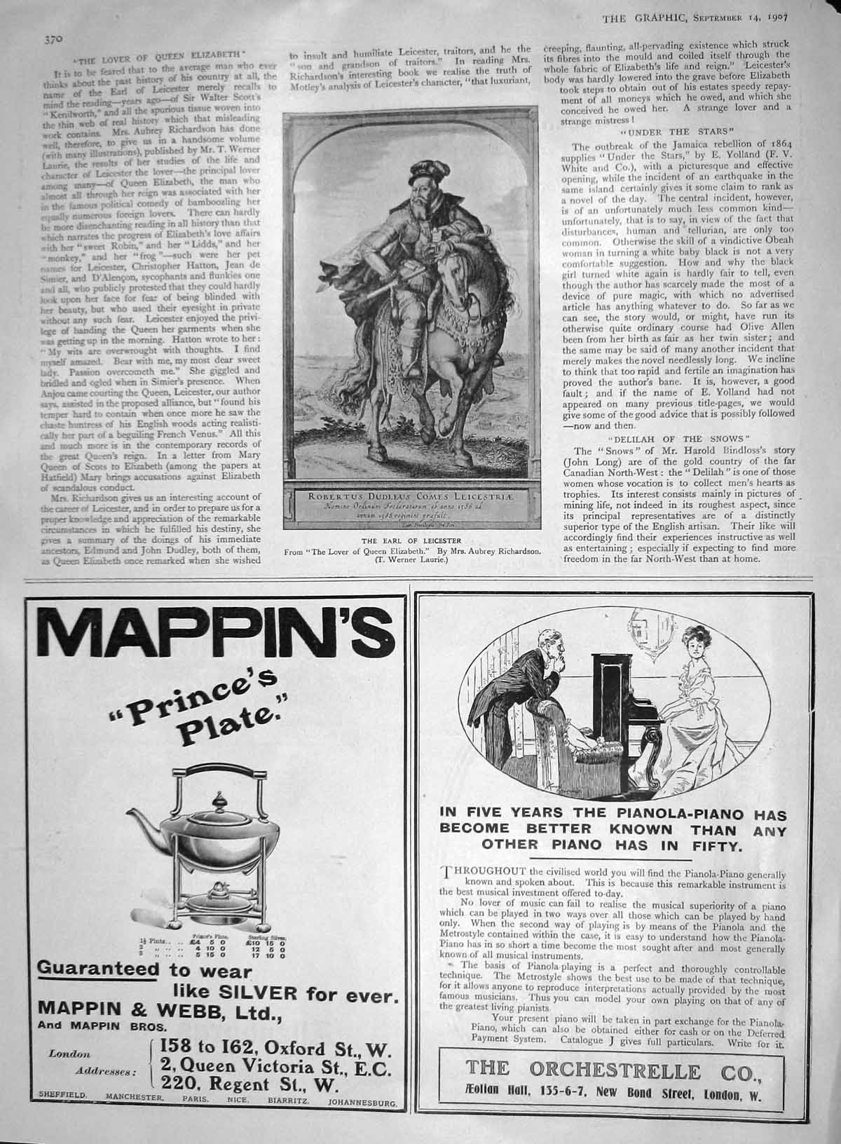 Original Old Antique Print 1907 Earl Leicester Mappin Webb Orchestrelle Piano