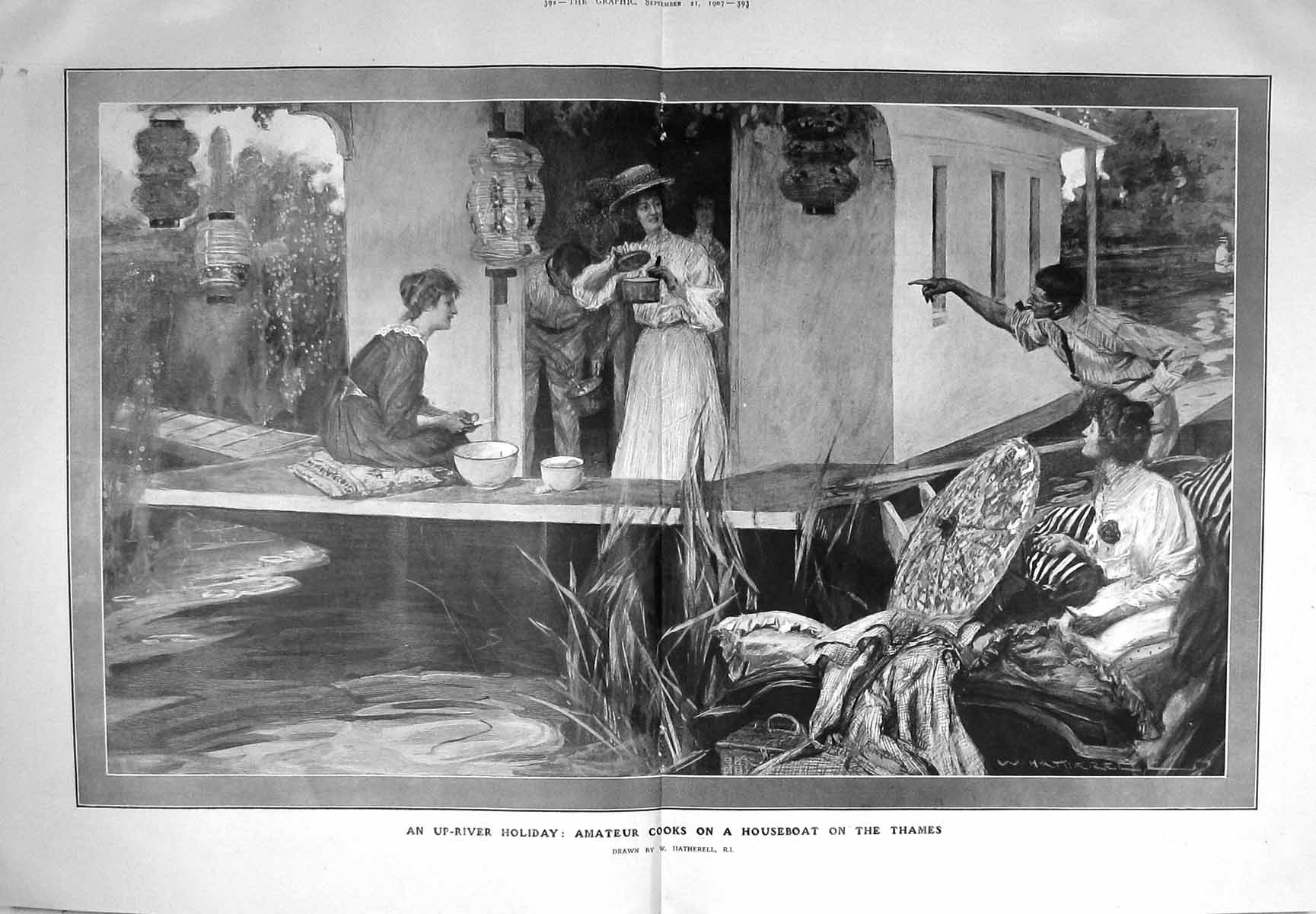 Original Old Antique Print 1907 Up-River Holiday Cooks Houseboat River Thames