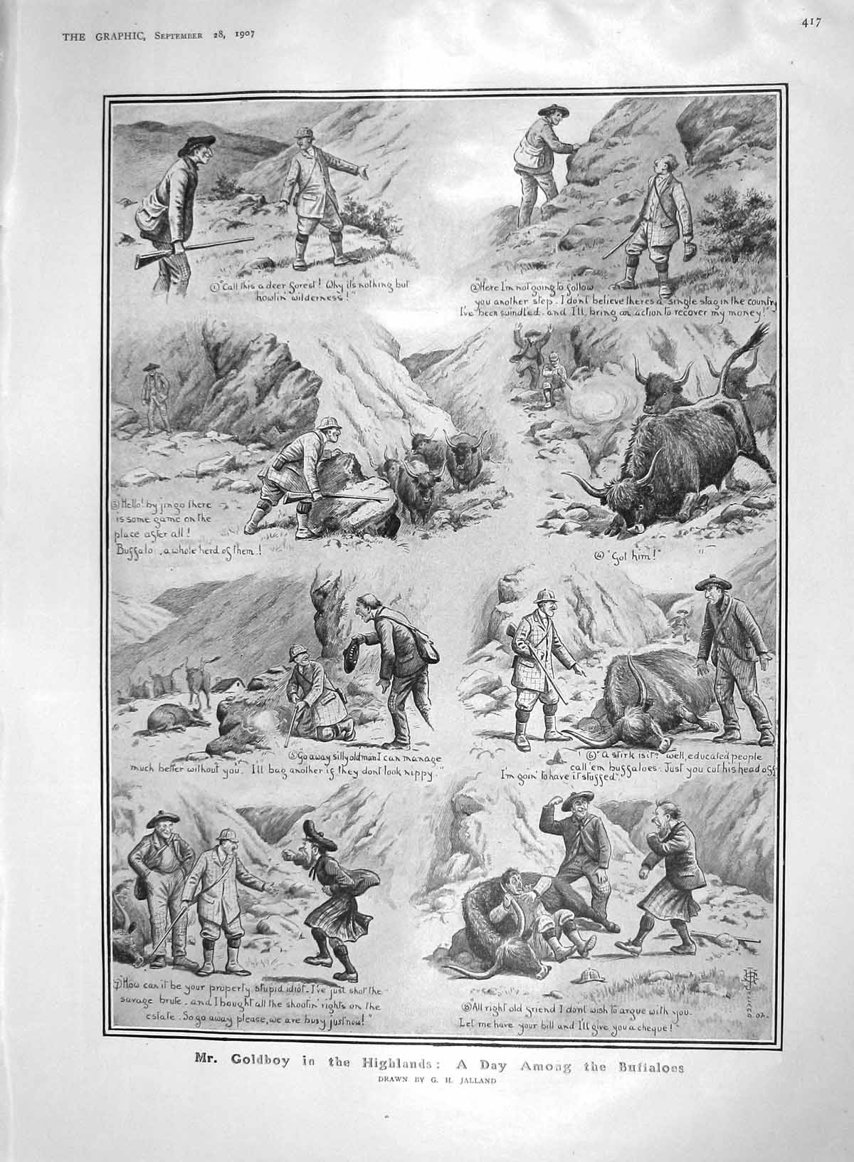 Original Old Antique Print 1907 Gboy Highlands Buffaloes Ship F Danton Germany
