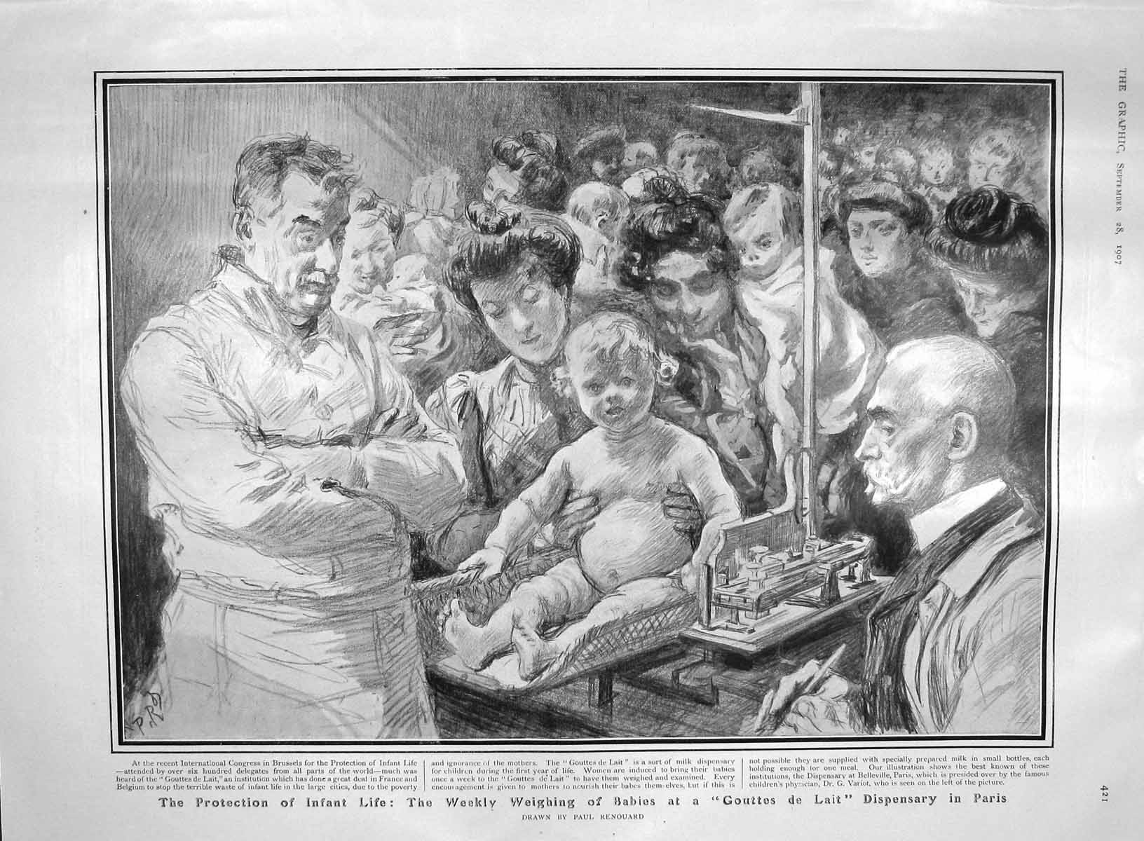 Old Antique Print 1907 Weighing Babies Gouttes Lait Paris Alexander Sofia 20th