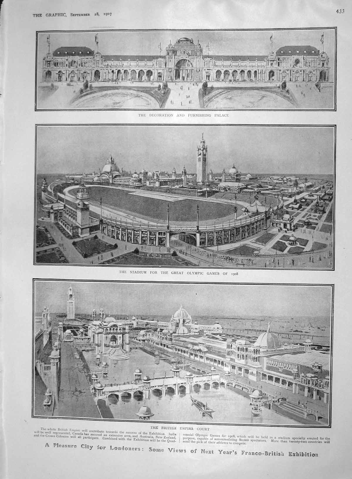 Original Old Antique Print 1907 Stadium Olympic Games Empire Court Cardinal Val