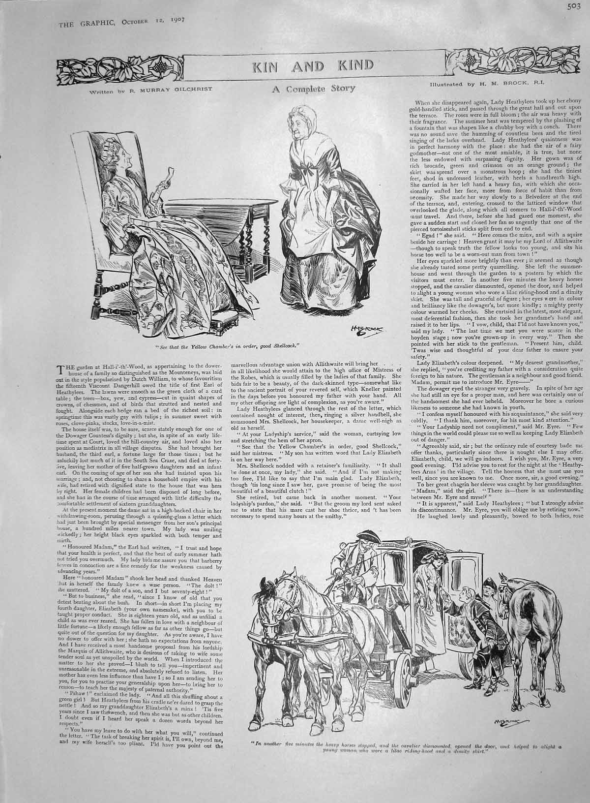 Original Old Antique Print 1907 Kin Kind Story Murray Gilchrist Horses Coach