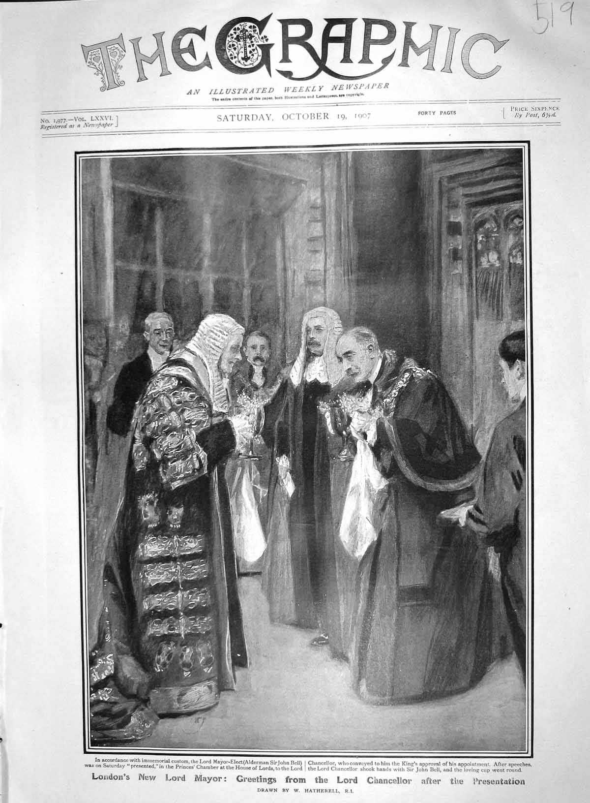 Old Antique Print 1907 Lord Mayor Chancellor Bell Chamber Lords Commons 20th