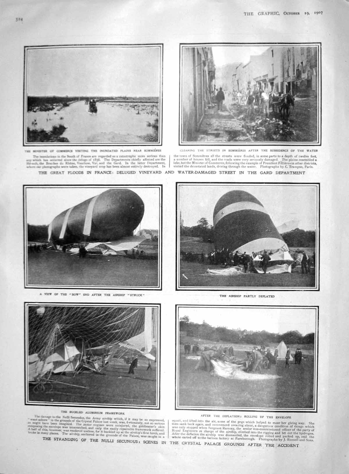 Original Old Antique Print 1907 Nulli Secundus Airship Floods France Golf Spain