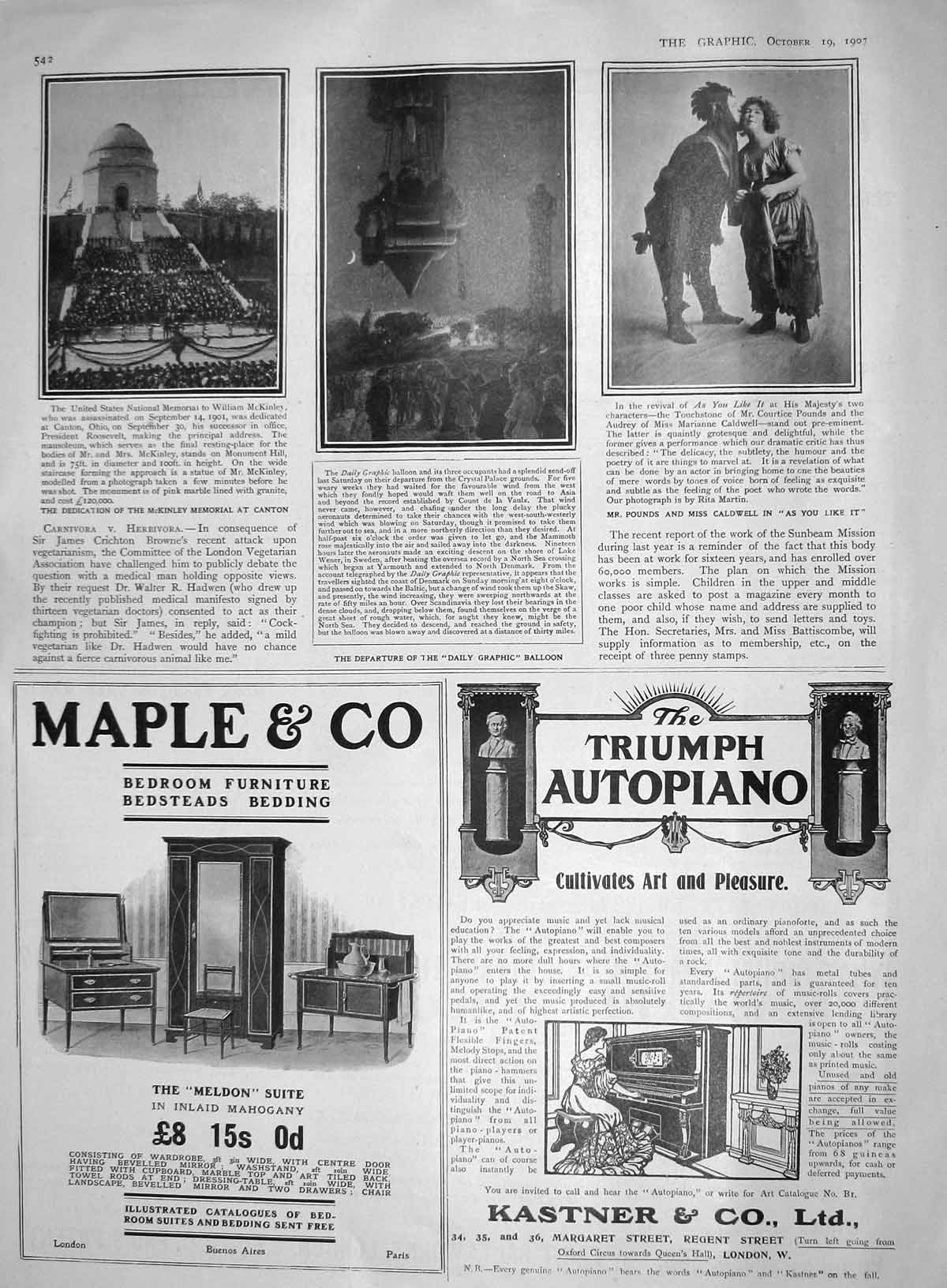 Old Antique Print 1907 Mckinley Memorial Canton Pounds Caldwell Theatre 20th