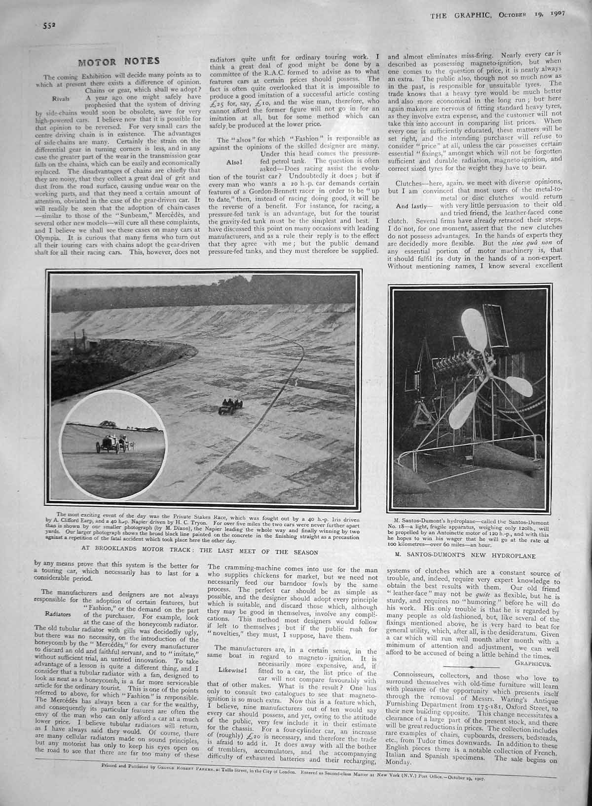 Original Old Antique Print 1907 Brooklands Motor Track Santos-Dumont Hydroplane