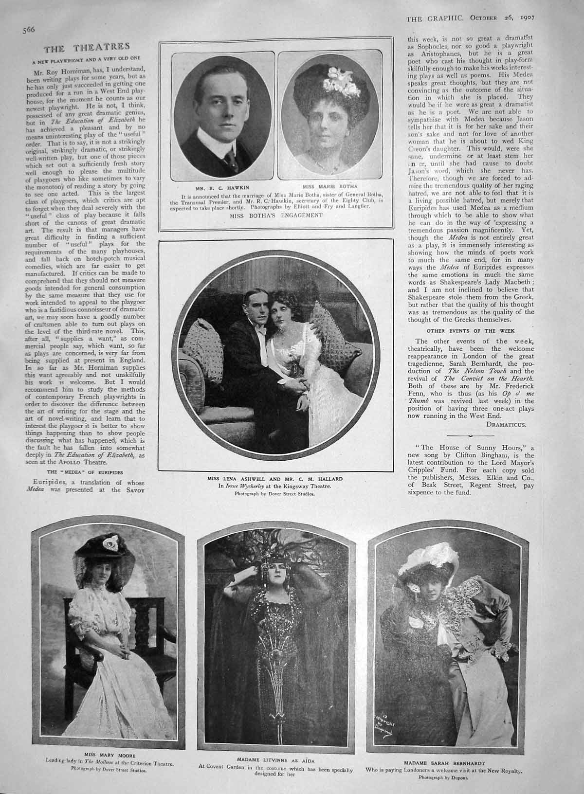 Original Old Antique Print 1907 Botha Hawkin Theatre Benrhardt Ladies Fashion