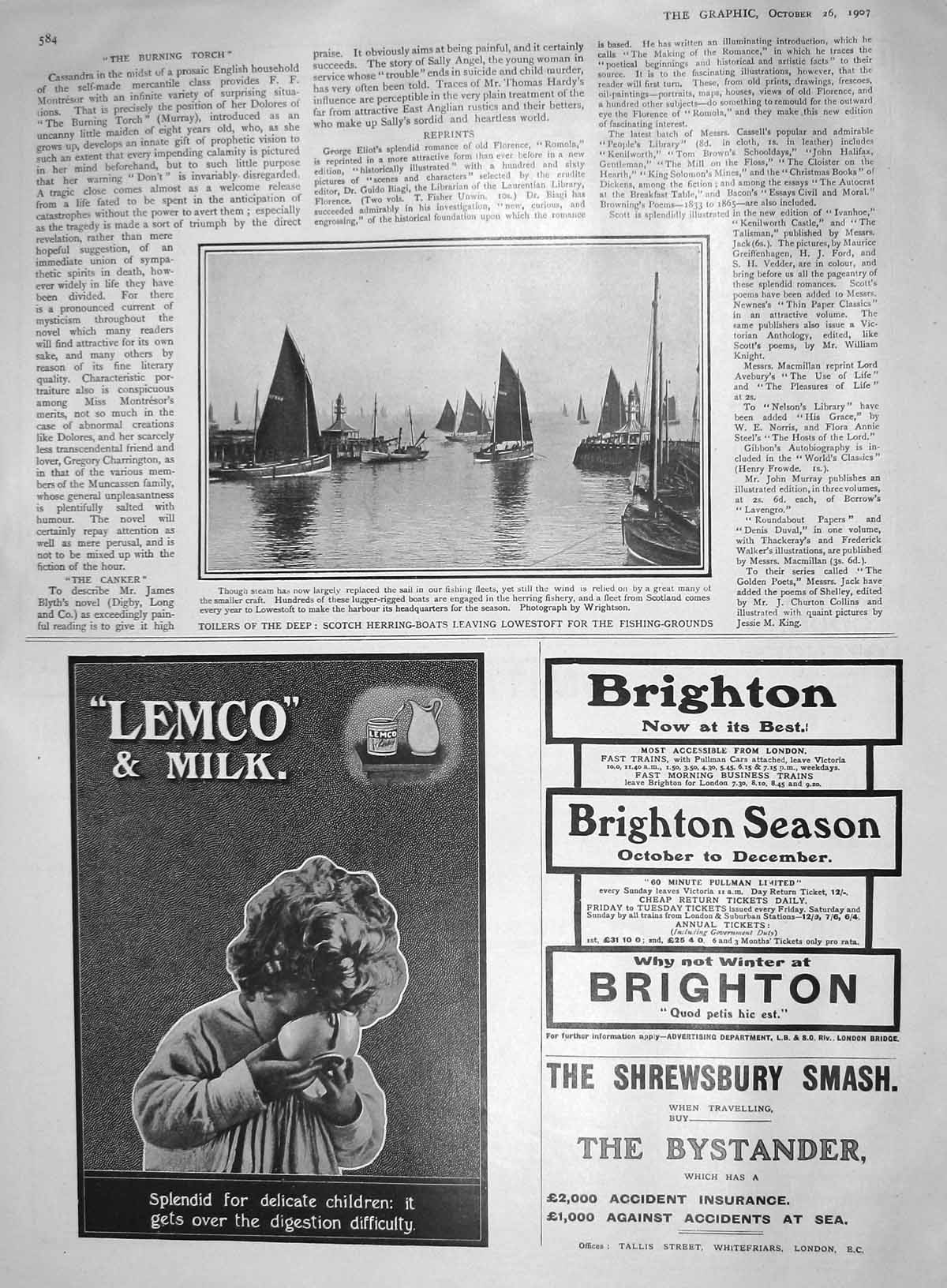 Original Old Antique Print 1907 Scotland Herring Boats Lowestoft Fishing Lemco