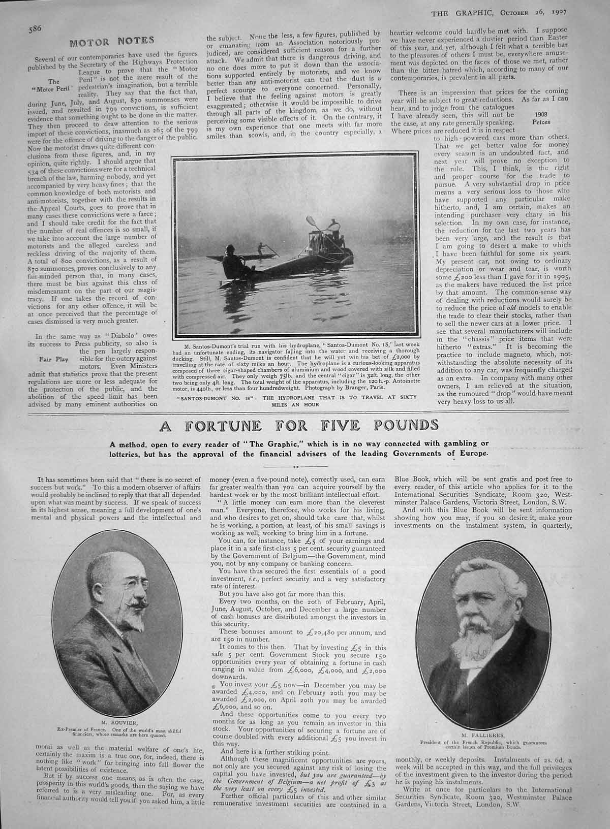 Old Antique Print 1907 Santos-Dumont Hydroplane Rouvier Fallieres France 20th