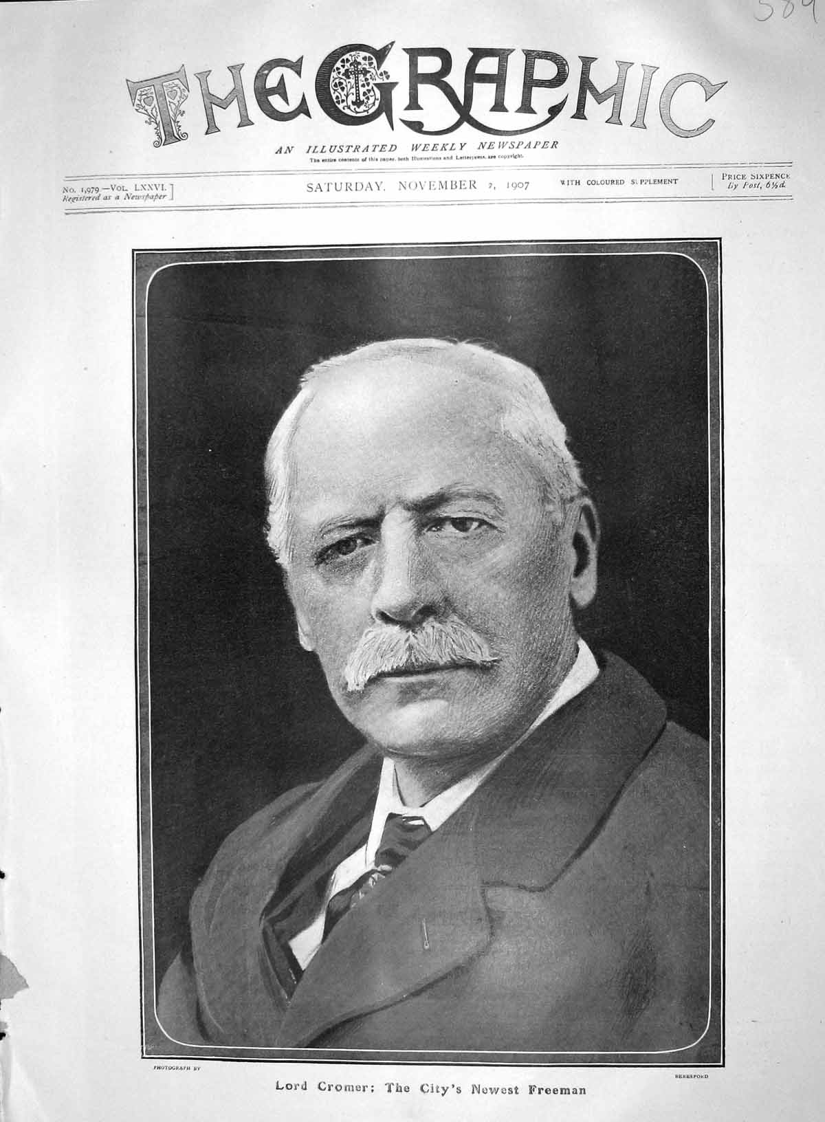 Original Old Antique Print 1907 Portrait Lord Cromer City Freeman 20th Century