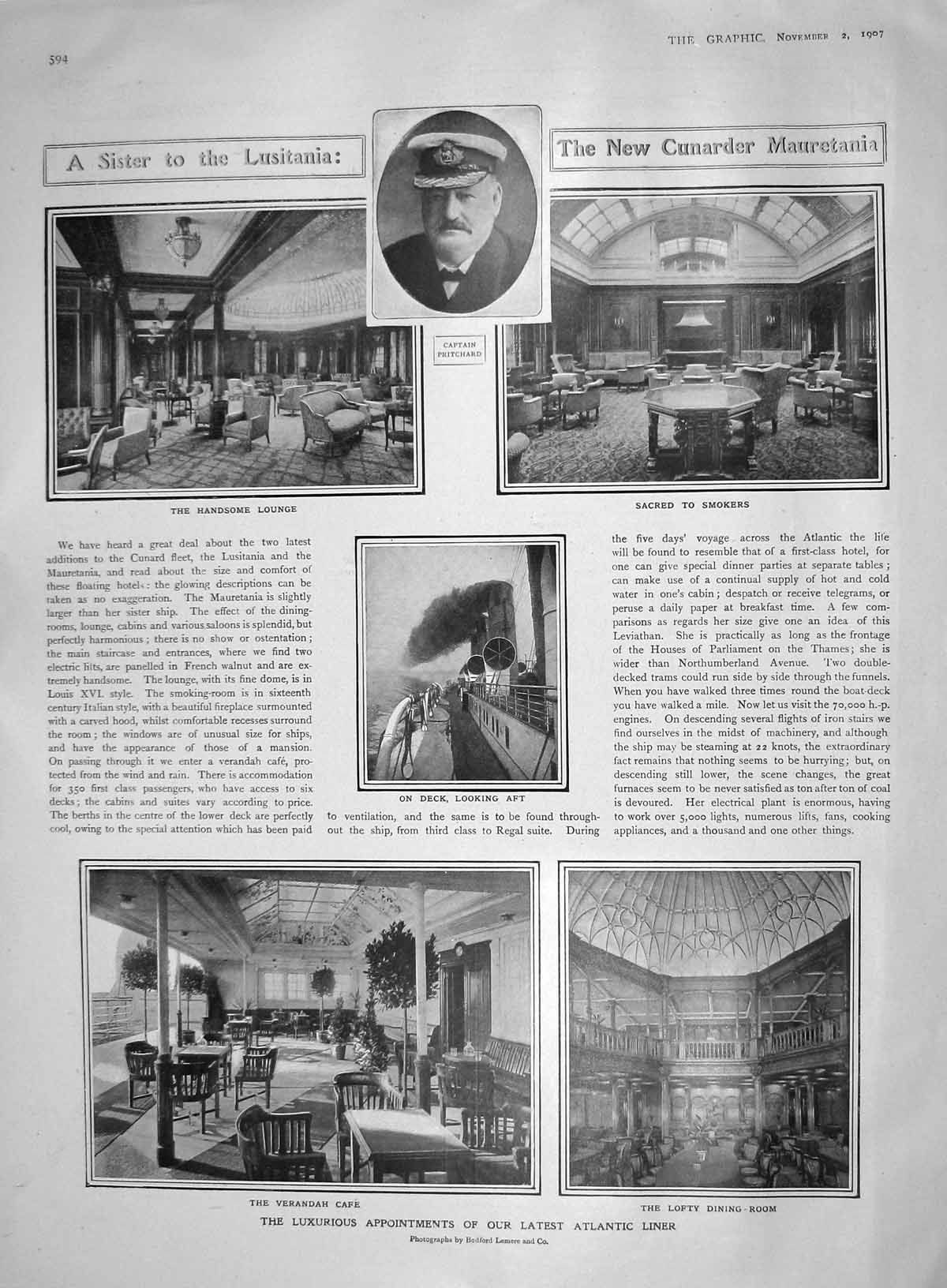 Original Old Antique Print 1907 Pritchard Lusitania Liner Ship Plough Sycamore
