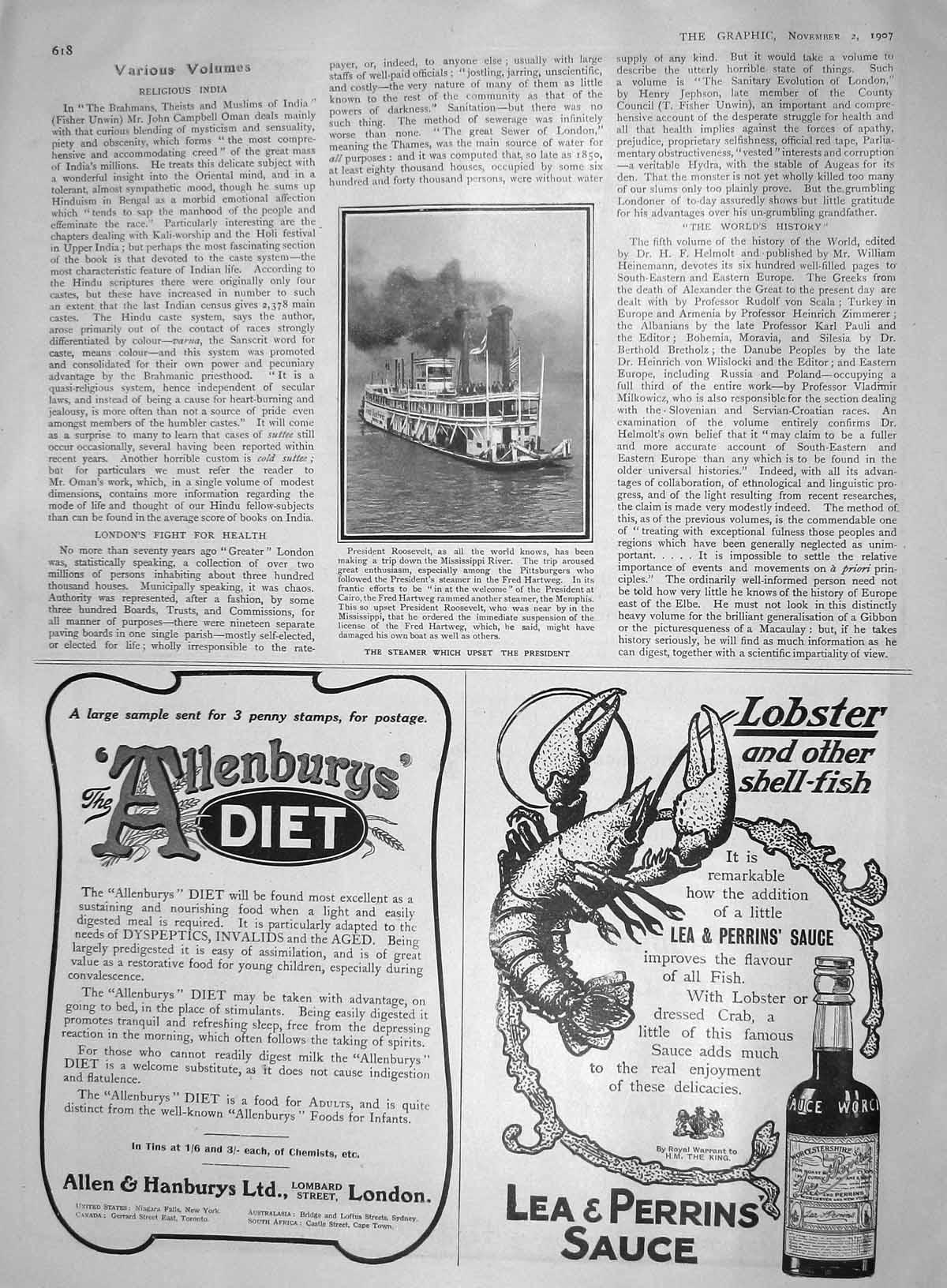 Old Antique Print 1907 Steamer Boat President Roosevelt Allenbury Perrins 20th