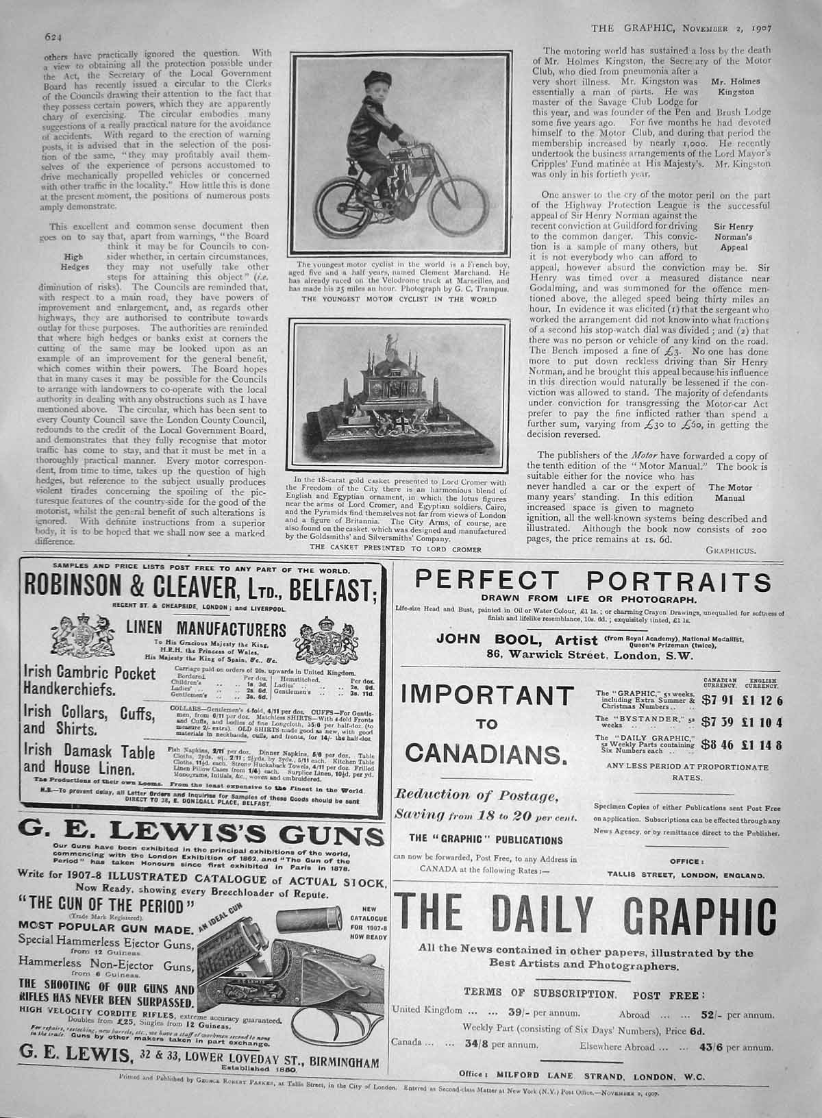 Original Old Antique Print 1907 Clement Marchand Motor Cyclist Lewis Guns Bool