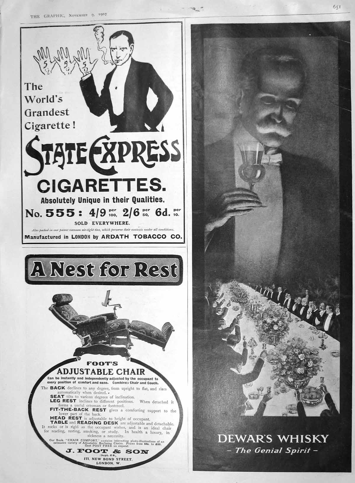 Old Antique Print 1907 Advertisement Dewars Whisky Cigarettes Foot Chair 20th
