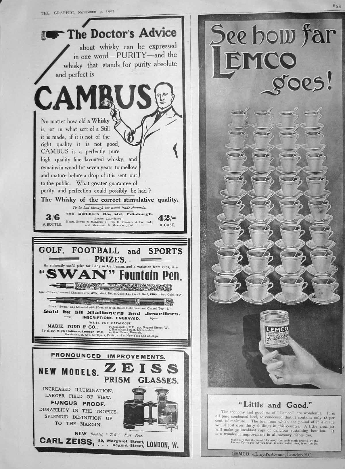 Old Antique Print 1907 Advertisement Cambus Swan Pen Prism Glasses Lemco 20th