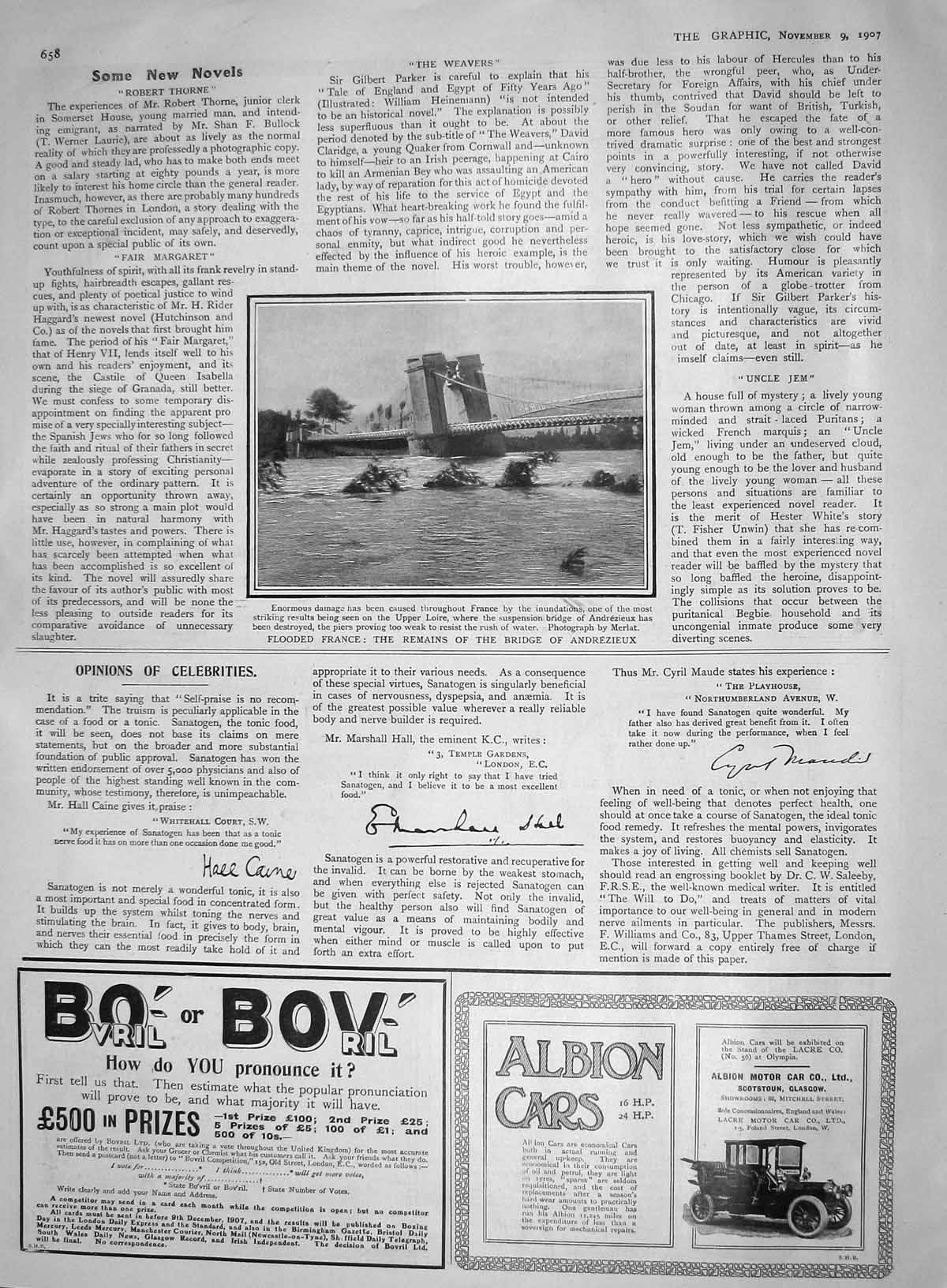 Old Antique Print 1907 Floods France Bridge Andrezieux Bovril Albion Cars 20th