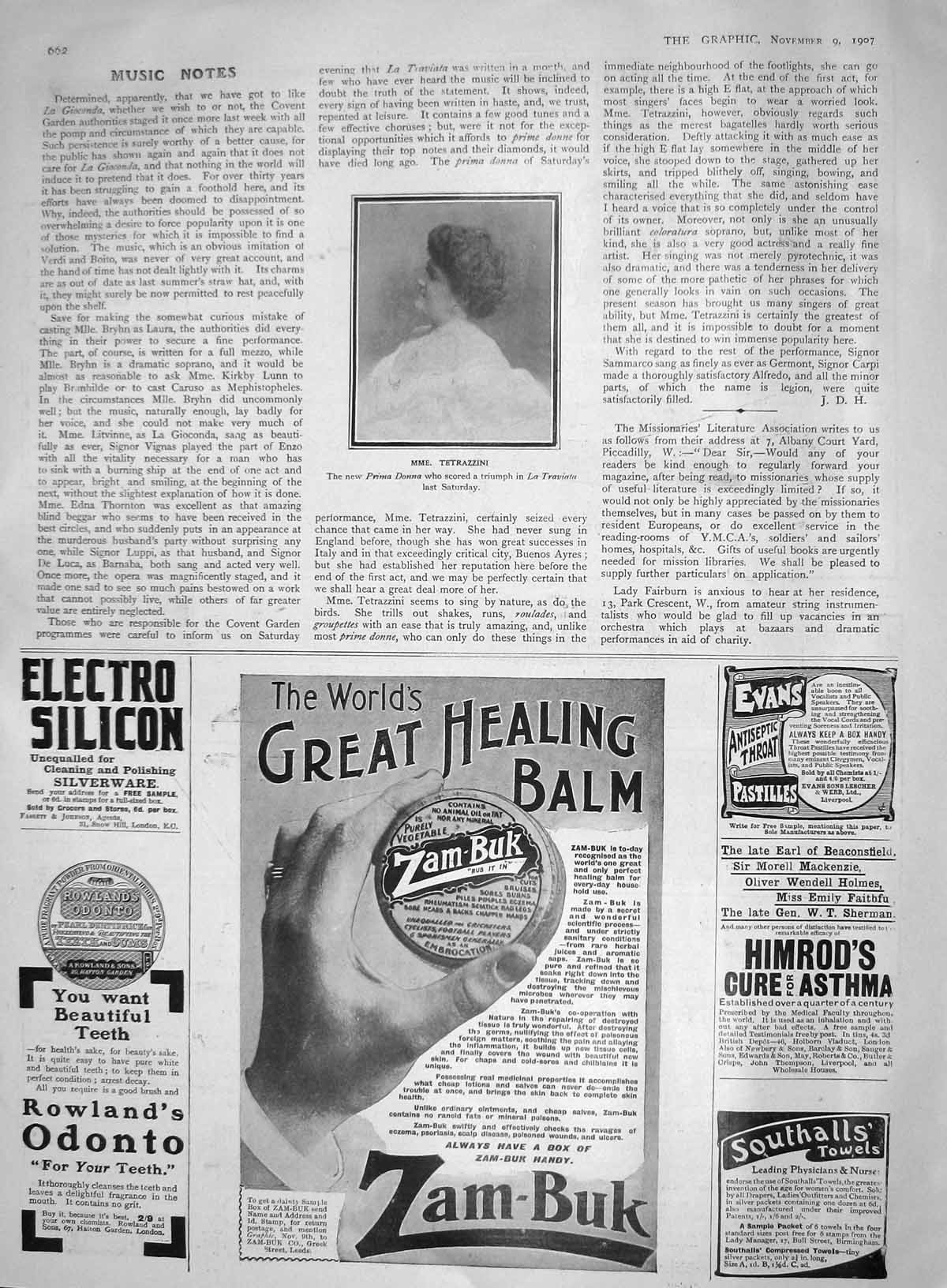 Original Old Antique Print 1907 Prima Donna Tetrazzini Traviata Zam-Buk Balm