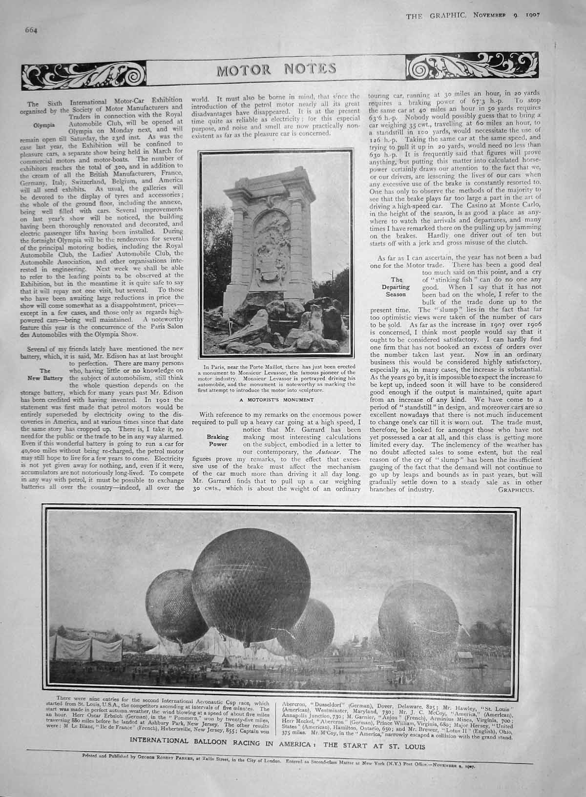 Old Antique Print 1907 Monument Paris Porte Maillot Balloon Race America 20th