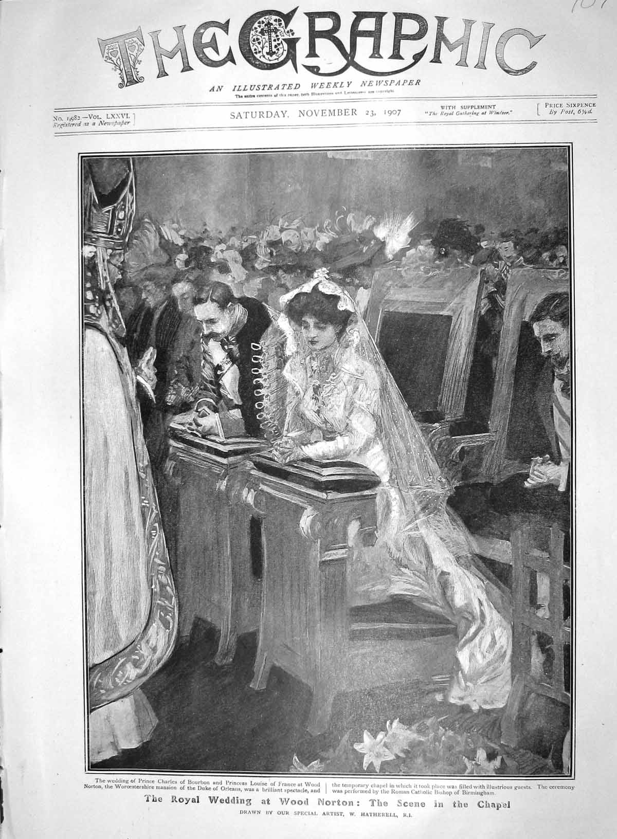 Original Old Antique Print 1907 Royal Wedding Wood Norton Chapel Prince Charles