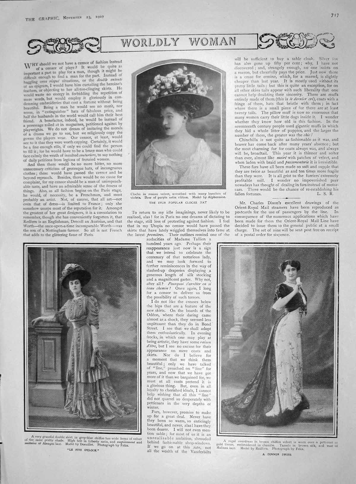 Old Antique Print 1907 Cloche Hat Ladies Fashion Druce Caldwell Robinson 20th