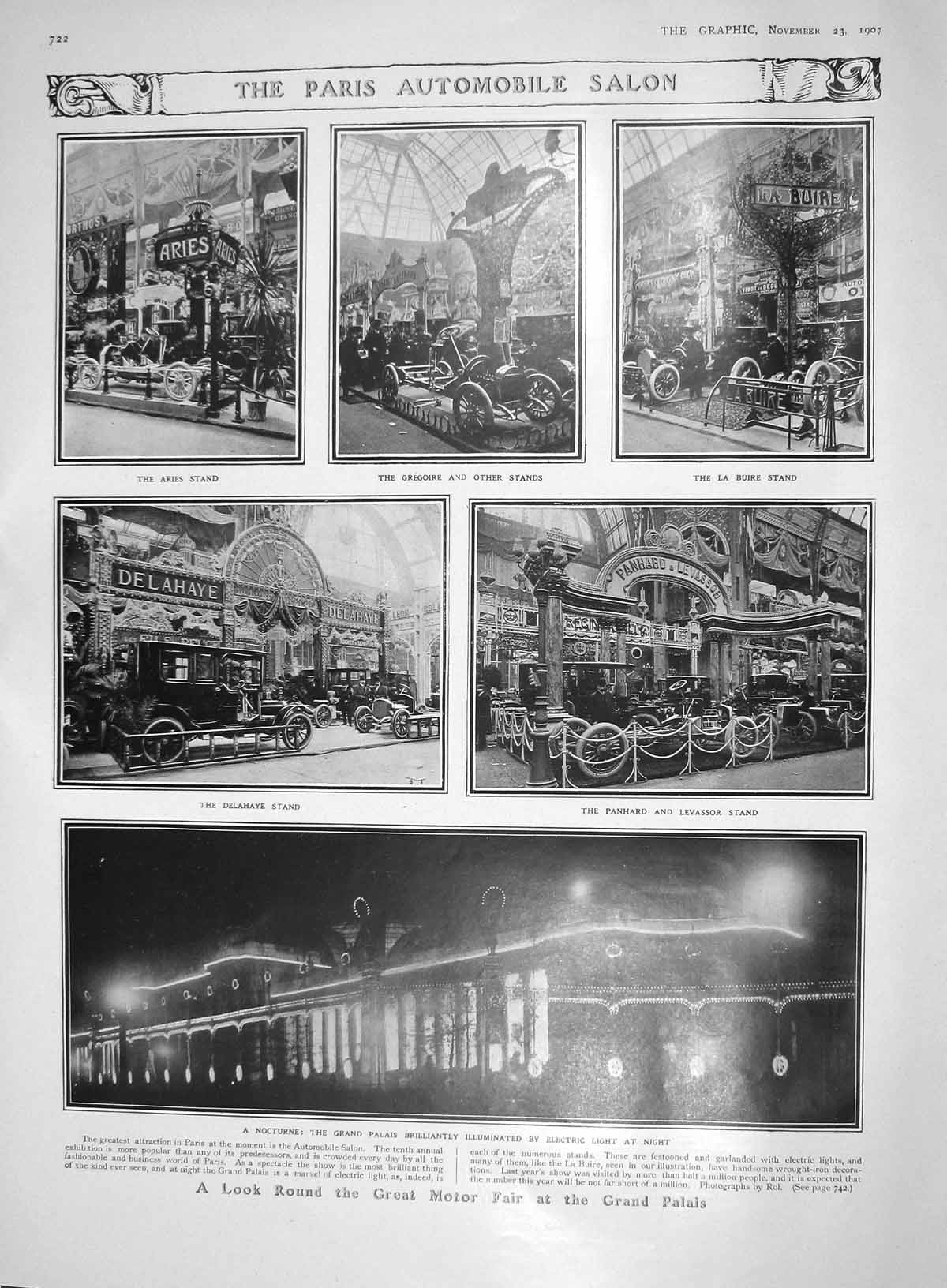 Old Antique Print 1907 Paris Qutomobile Salon Motor Fair French Camp War 20th