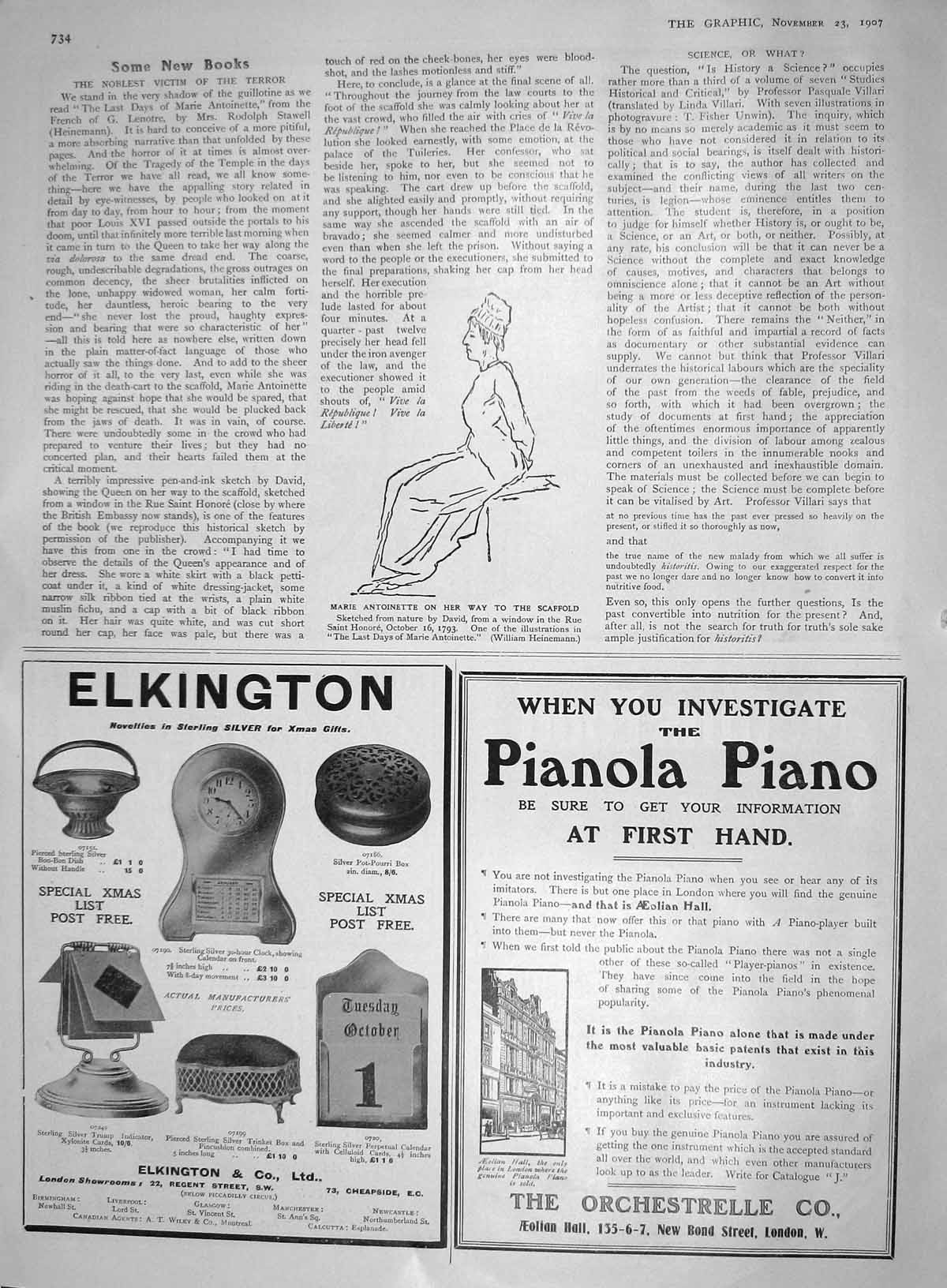 Original Old Antique Print 1907 Marie Antoinette Elkington Pianola Piano London