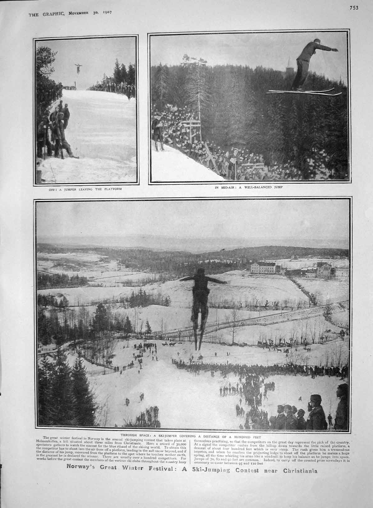 Old Antique Print 1907 Norway Ski Jumping Christiania Swazi Senhor Franco 20th