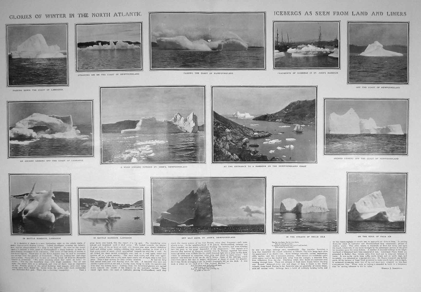 Original Old Antique Print 1907 Iceberg Ships Atlantic Newfoundland St. Johns