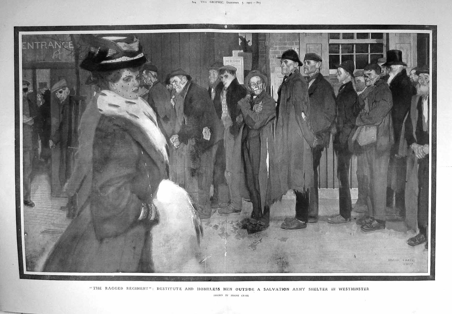 Old Antique Print 1907 Destitute Homeless Men Salvation Army Westminster 20th