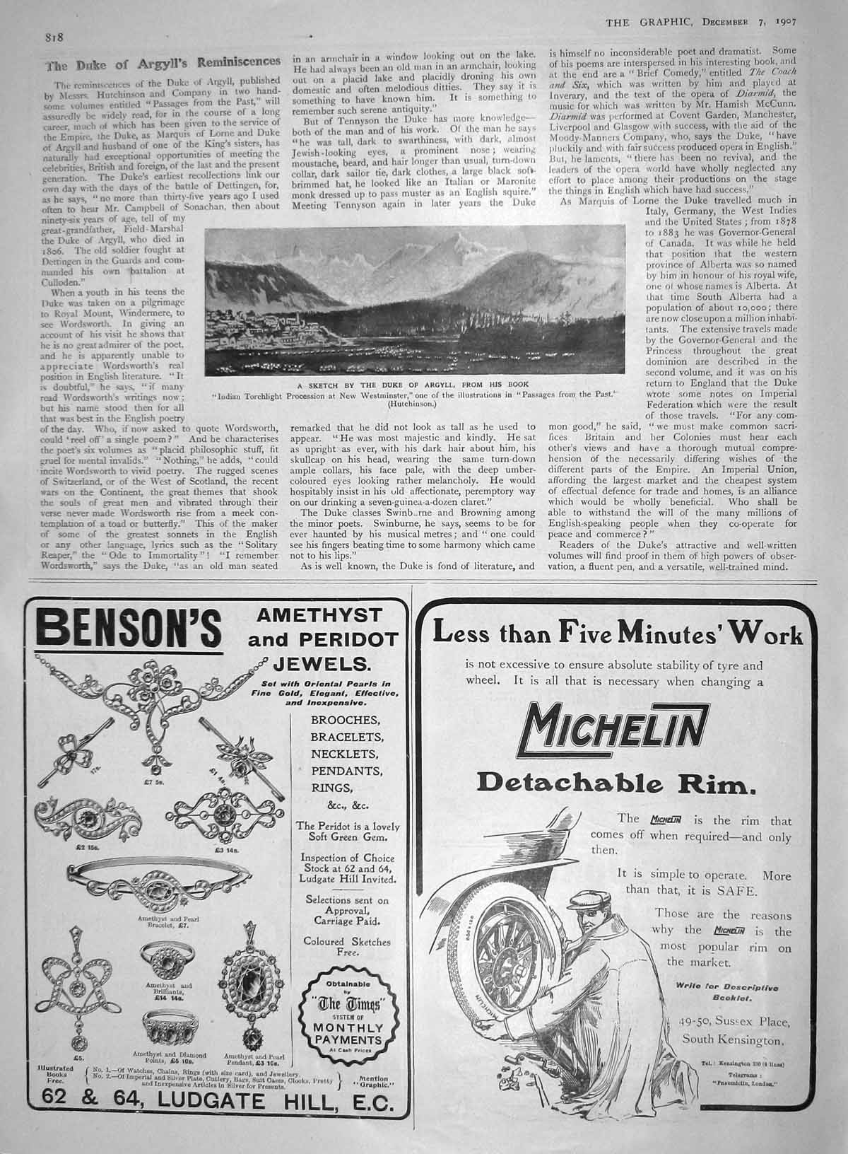 Original Old Antique Print 1907 Duke Argyll Reminiscences Michelin Tyre Bensons