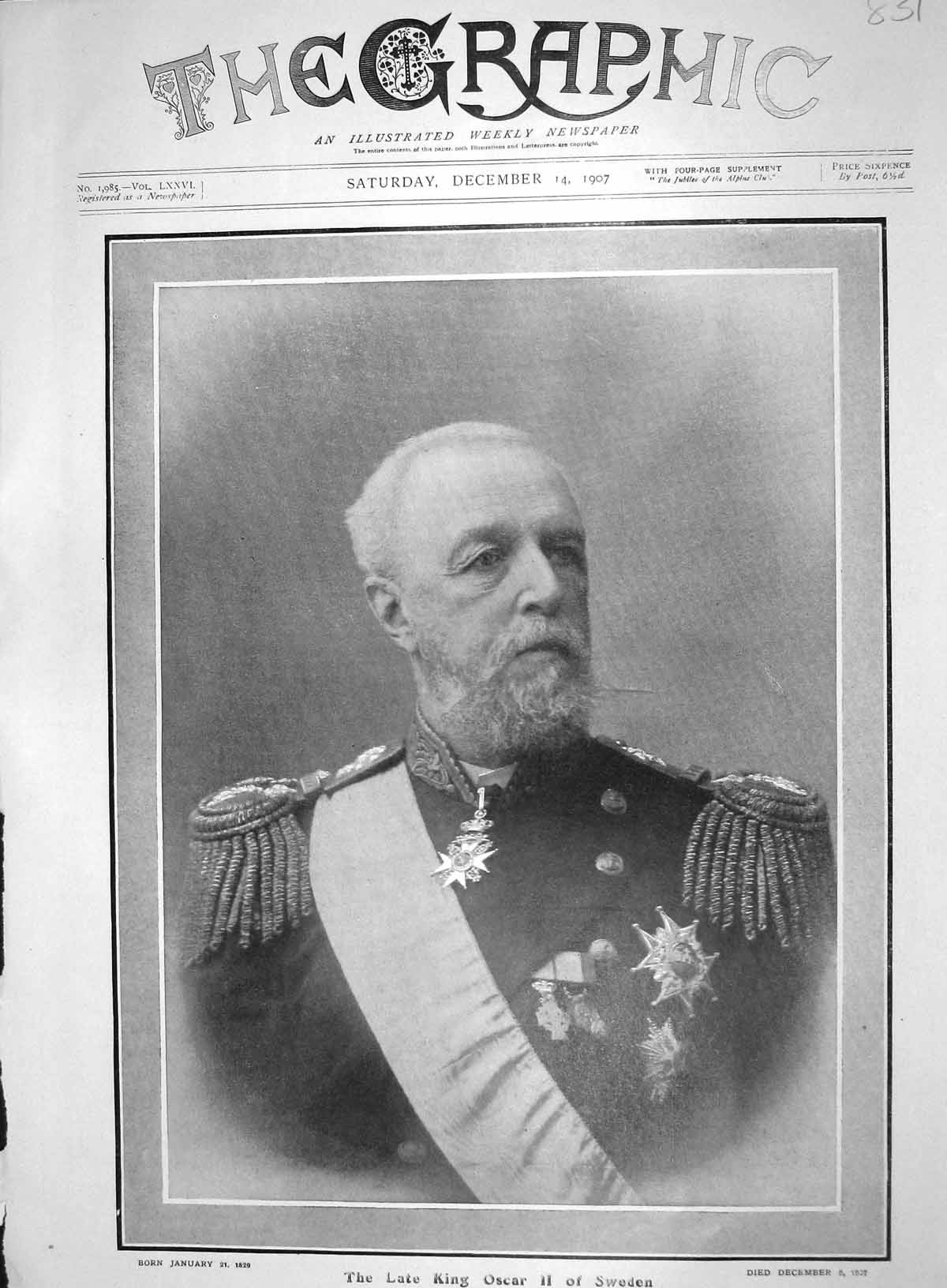 Original Old Antique Print 1907 Portrait King Oscar Sweden War Uniform 20th